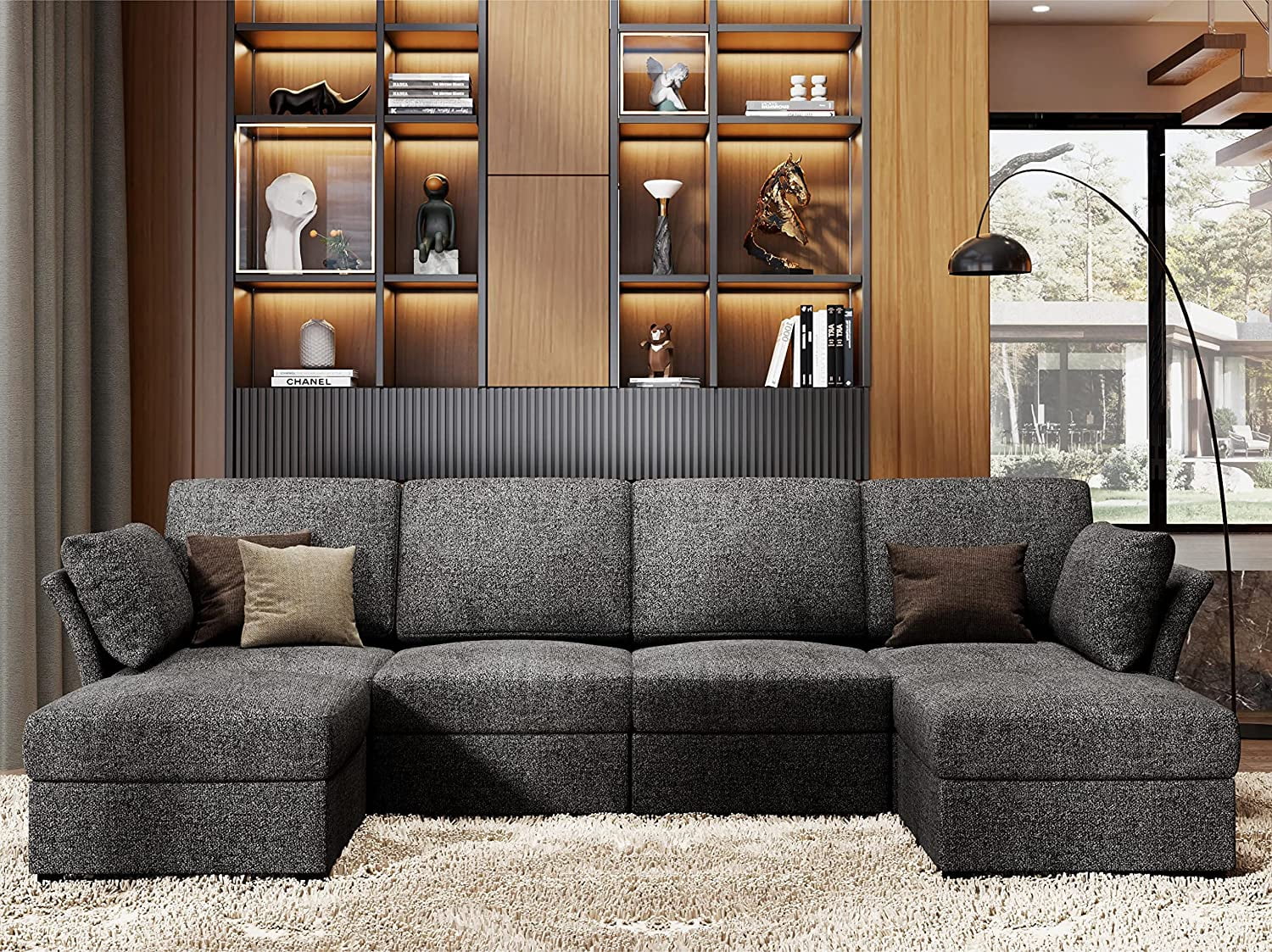 Amerlife Sectional Sofa, U-Shape Couch with Ottomans, 6 Seat Sofa Couch for Living Room, Dark Grey