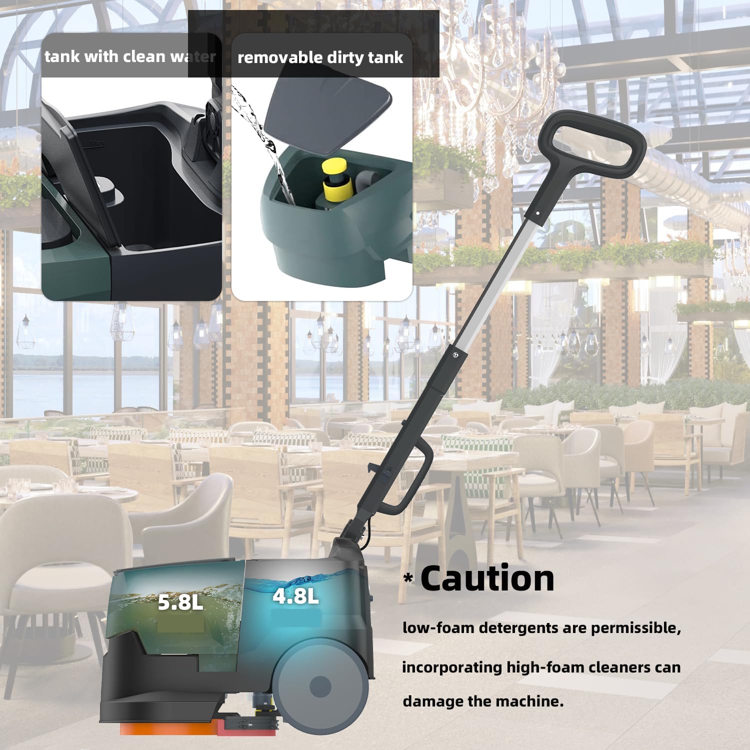 Portable Commercial Floor Scrubber Machine, Lightweight 21Lbs, Rechargeable Lithium-Ion Battery 90mins Working,for Large Areas Cleaning Works,Hotels