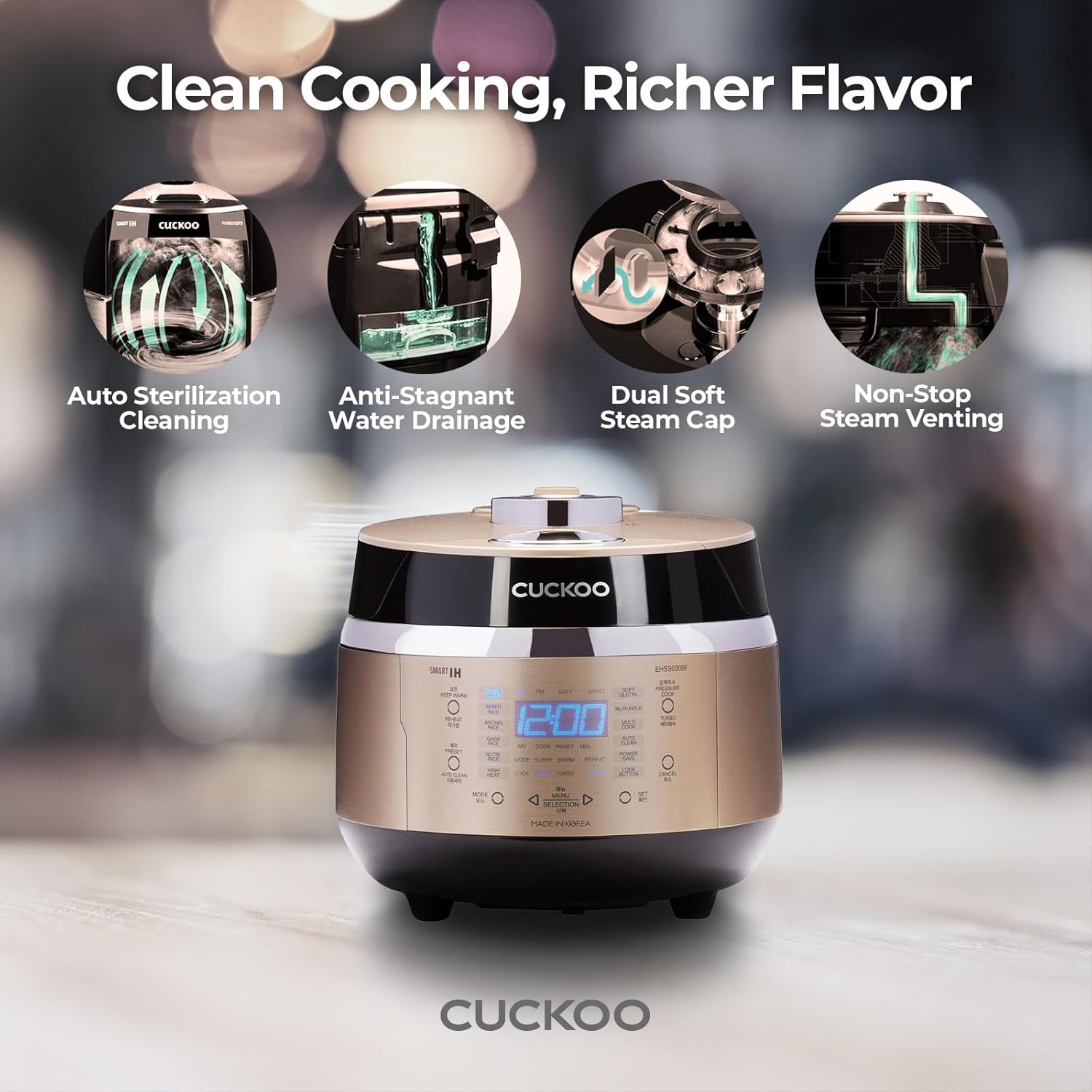 CUCKOO CRP-EHSS0309FG | 3-Cup (Uncooked) Induction Heating Pressure Rice Cooker | 15 Menu Options, Auto-Clean, Voice Guide, Made in Korea | Gold