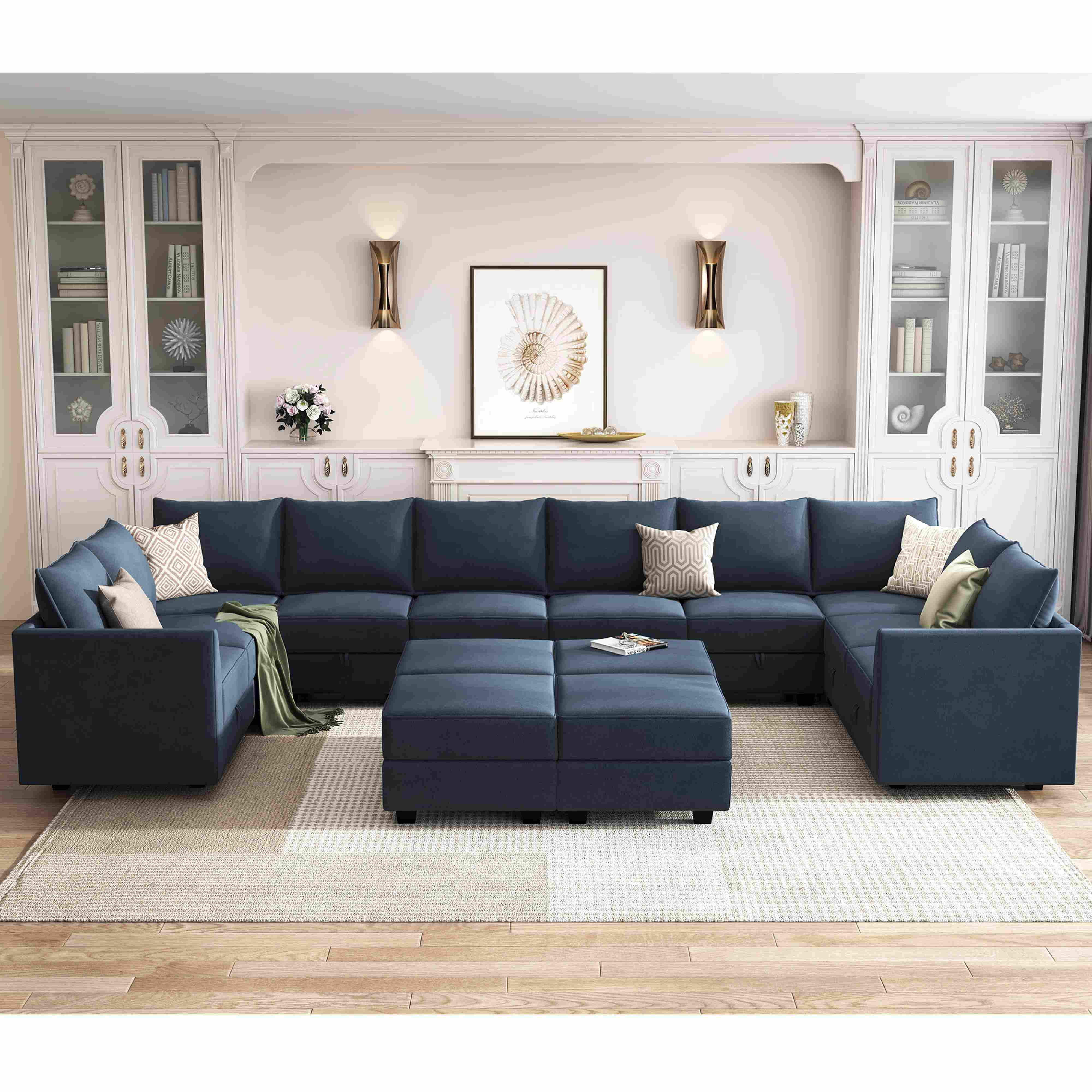 HONBAY Velvet Large Living Room Furniture Sofa Sleeper Bed Couch Set, Navy Blue