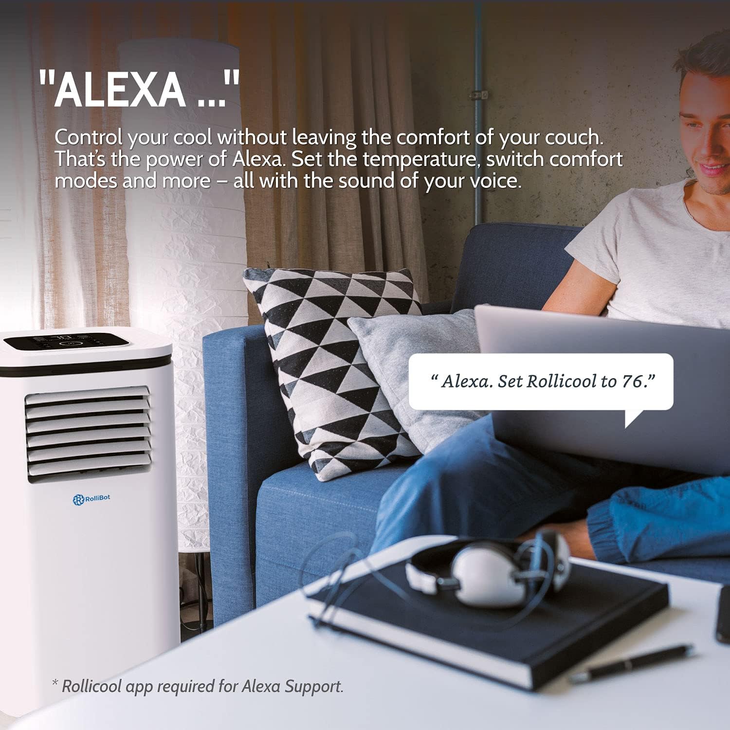 ROLLICOOL 14000 BTU Smart Portable Air Conditioner, Dehumidifier & Fan for Rooms up to 375 sq ft | Alexa-Ready Voice Commands, App, Dual-Band WiFi Support, Bluetooth, Easy Install
