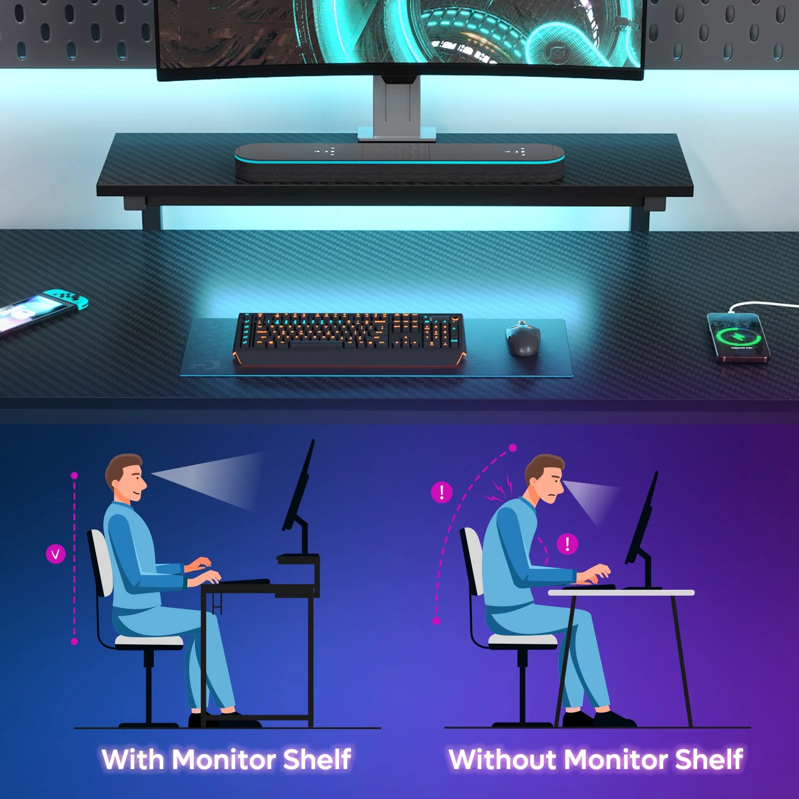 Bestier 52" Gaming Desk with LED Lights L Shaped Desk with Power Outlet & Monitor Stand Corner Computer Desk in Carbon Fiber