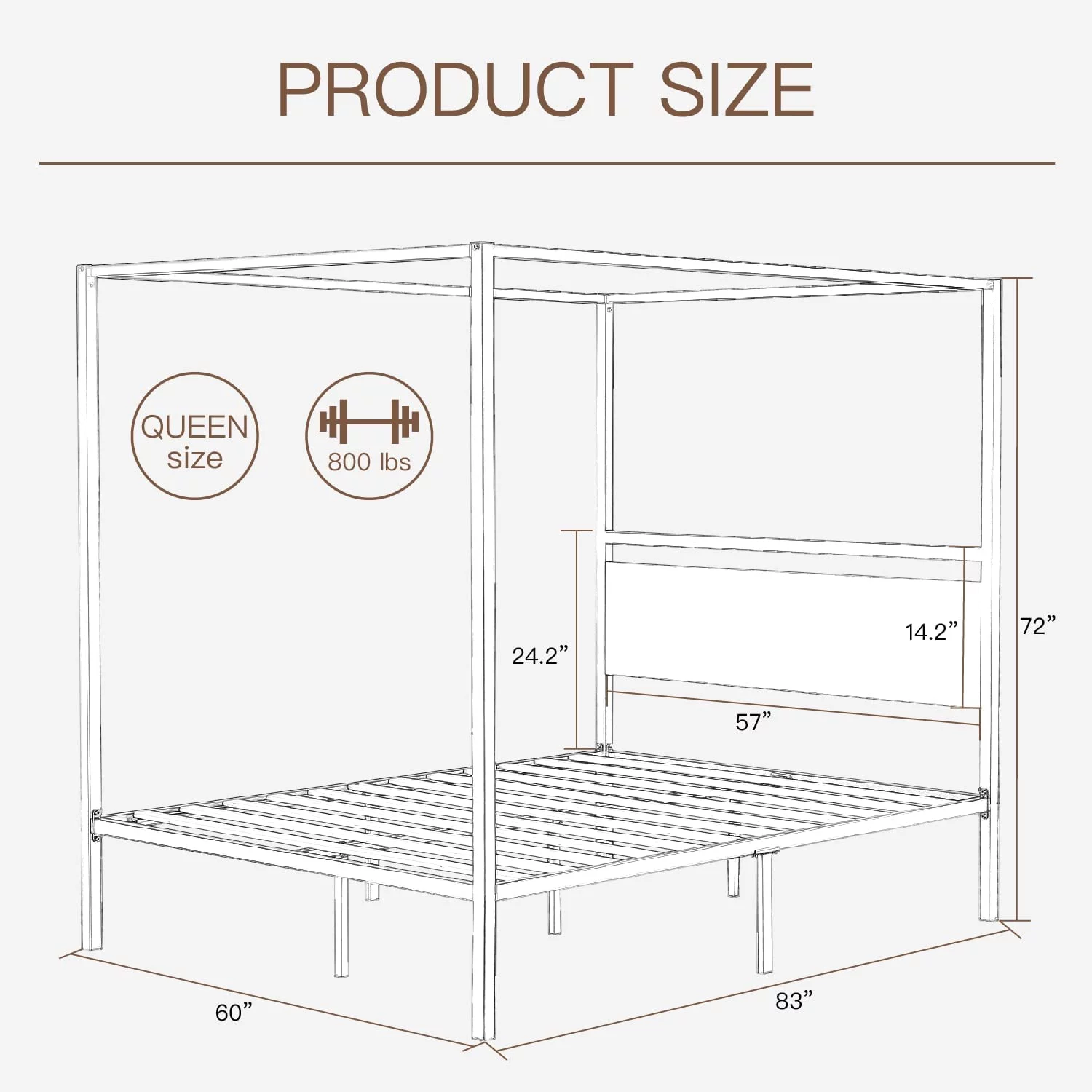 ikalido Queen Size Metal Canopy Bed Frame with Wooden Headboard  Classic Design Canopy Bed with 4 Sturdy Posters  Noise Free/ No Box Spring Needed/ Industrial Brown