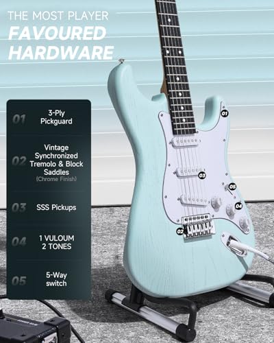 DONNER DST-80 Electric Guitar 39” Beginner Electric Guitar Kit with Amp, Classic SSS Pickup Complete with Gig Bag, Tuner, Capo, Strap, Picks, and Free Online Lessons