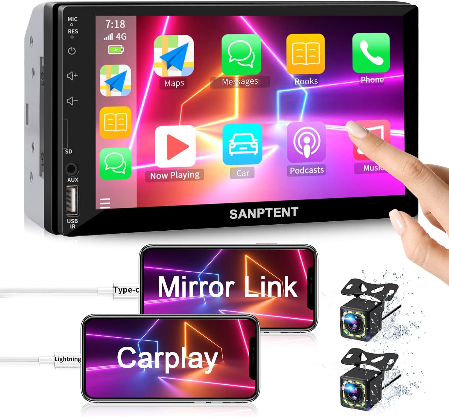 Double Din Car Stereo Radio Audio Receiver Compatible with Carplay, Android Auto, Mirror Link, 7 Inch Full Touchscreen Car Stereo, Front Backup Camera, Bluetooth, USB/TF/AUX Port, A/V Input, FM/AM