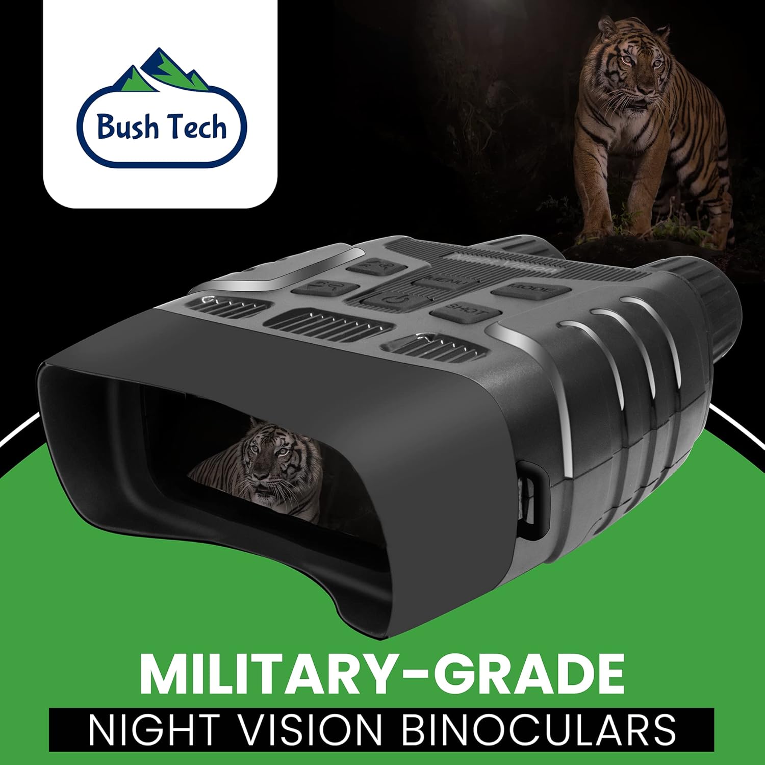 Bush Tech Night Vision Binoculars, Military-Grade Infrared Binoculars with Camera for Hunting and Surveillance, Day and Night High-Power Binoculars with 3X Digital Zoom, 984ft Range, 2.31” LCD Display