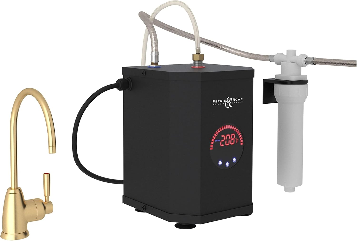 KIT ROHL PERRIN & ROWE HOLBORN CONTEMPORARY KITCHEN MIMAS HOT WATER DISPENSER FAUCET WITH SINGLE LEVER AND"J" SPOUT COMPLETE WITH HOT WATER TANK AND FILTER IN SATIN ENGLISH GOLD