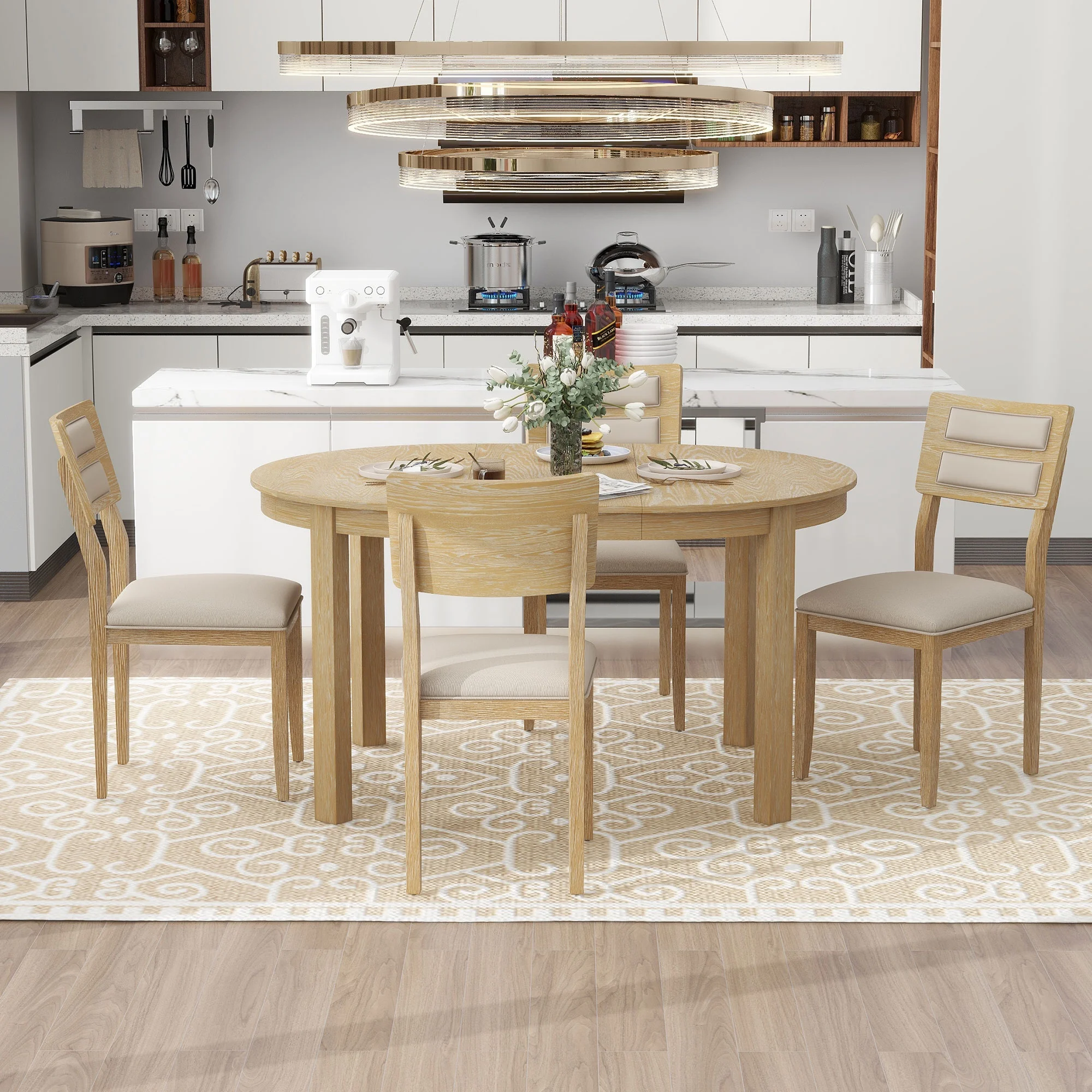 5-Piece Multifunctional Dining Table Set, Farmhouse Dining Set with Extendable Round Table ,Two Small Drawers and 4 Upholstered Dining Chairs for Kitchen and Dining Room (Natural Wood Wash)