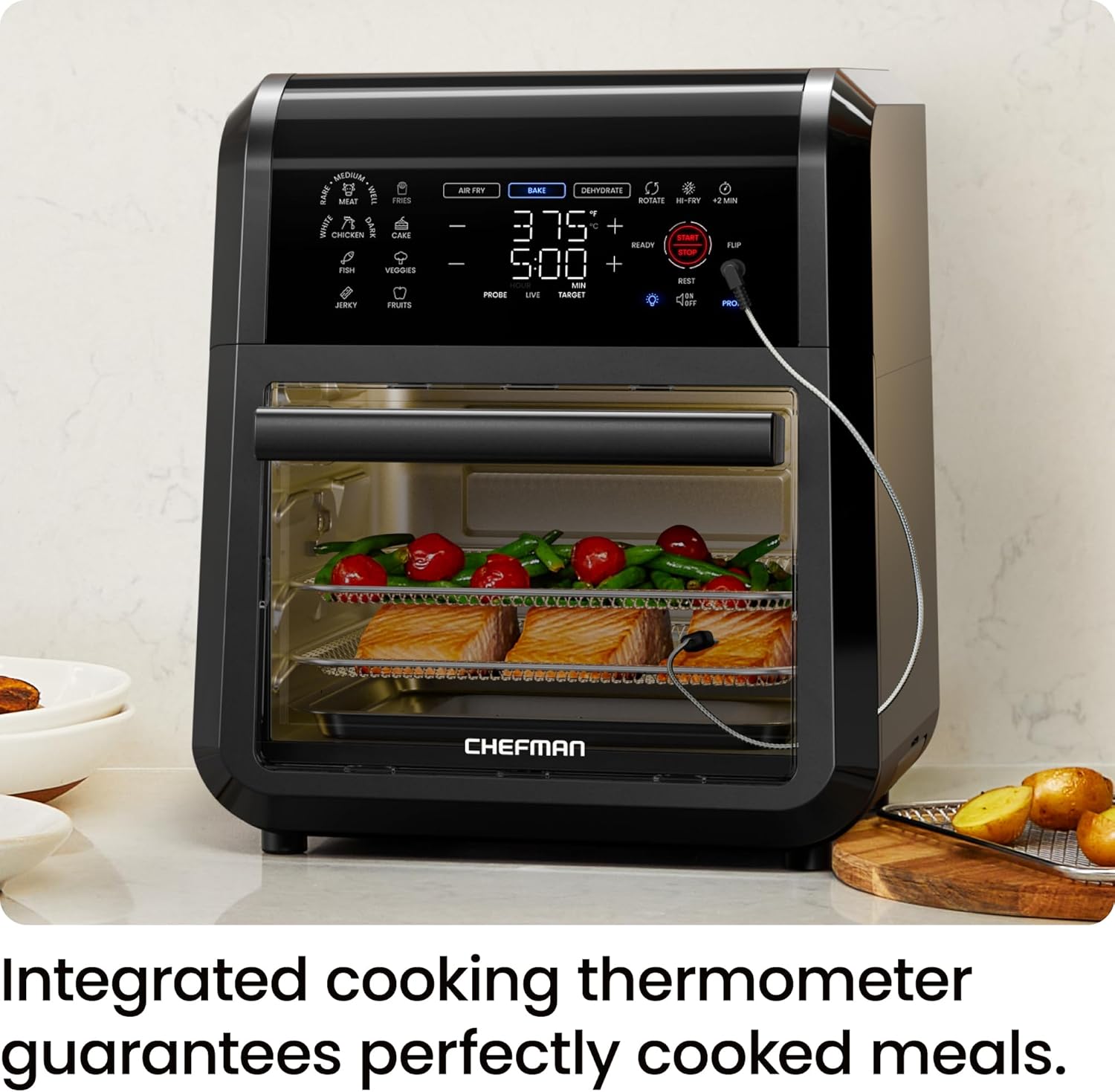 CHEFMAN ExacTemp™ 12 Quart 5-in-1 Air Fryer with Integrated Smart Cooking Thermometer, 28 Touchscreen Presets, Rotisserie, Dehydrator, Bake, XL Convection Oven with Auto Shutoff, Black