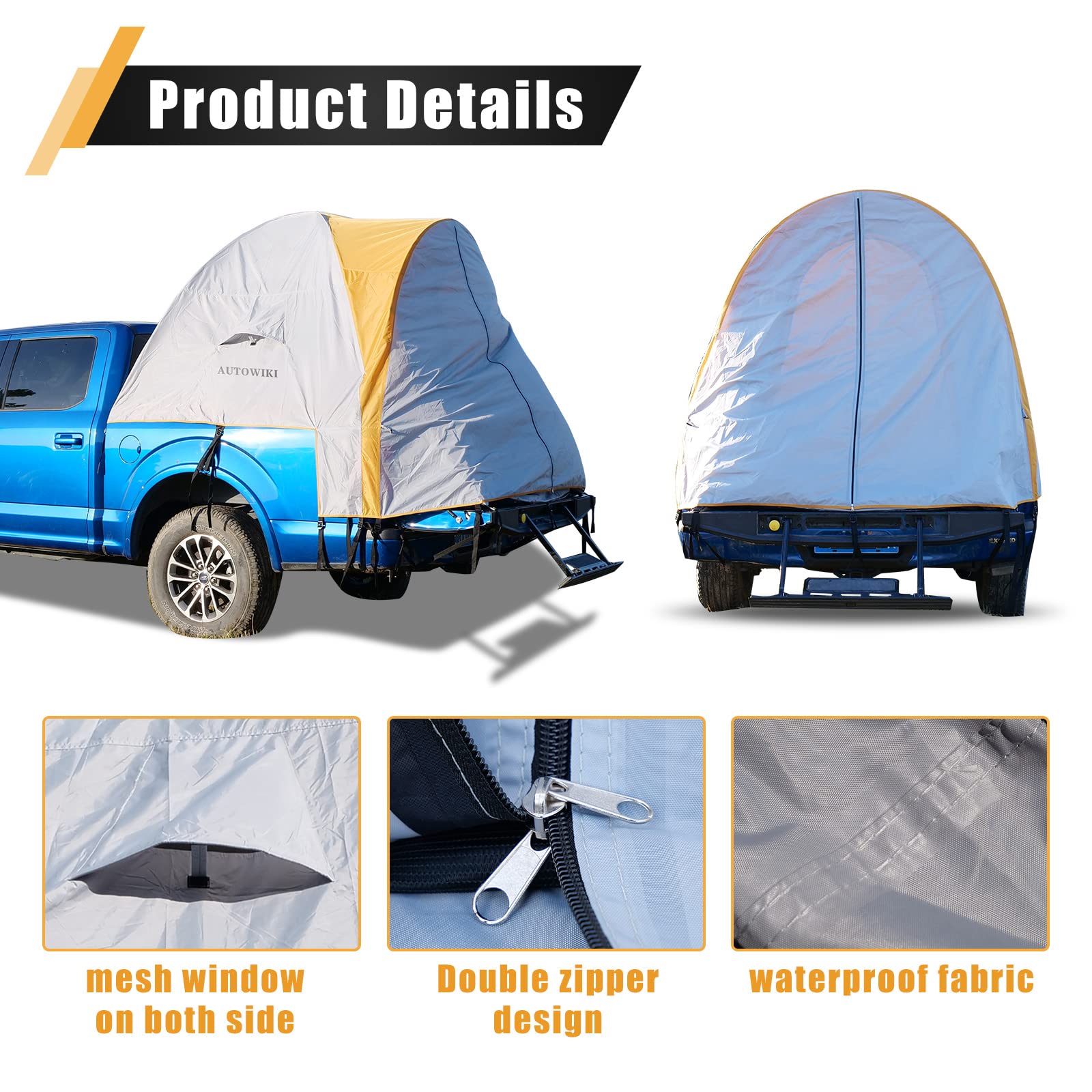 AUTOWIKI Truck Bed Tent Full Size for 5.5-5.8 ft Pickup Truck Bed Tent 2 Person Camping Oxford Cloth PU fit for Ford Chevy Dodge GMC Toyota Tundra Orange & Gray