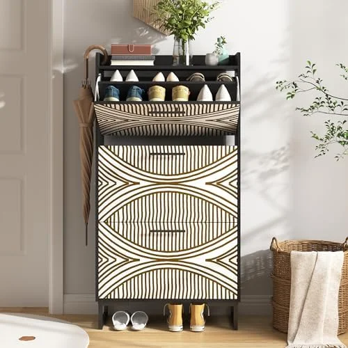 RUNFAYBIU Shoe Cabinet for Entryway Slim Shoe  Cabinet with Color Painted Pattern Shoe Rack Cabinet with 3 Flip Drawers  White Shoe Cabinet for Entryway (Walnut)