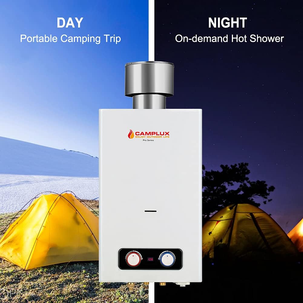 Portable Tankless Water Heater, Camplux 1.58 GPM Outdoor Propane Hot Water Heater with S/S Rain Cap