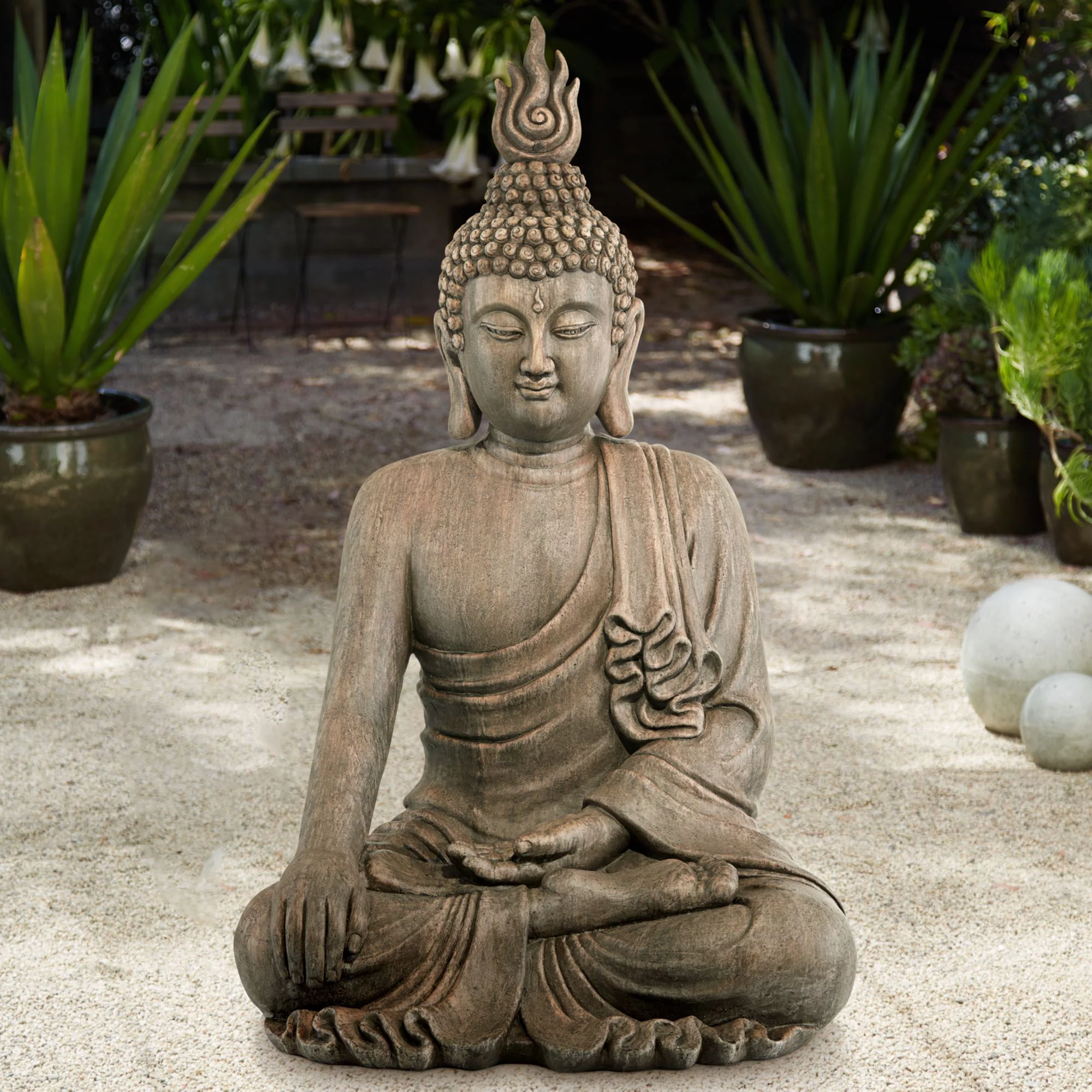 John Timberland Large Sitting Buddha Statue Sculpture Zen Asian Garden Decor Indoor Outdoor Front Porch Stone Gray Finish 42" Tall