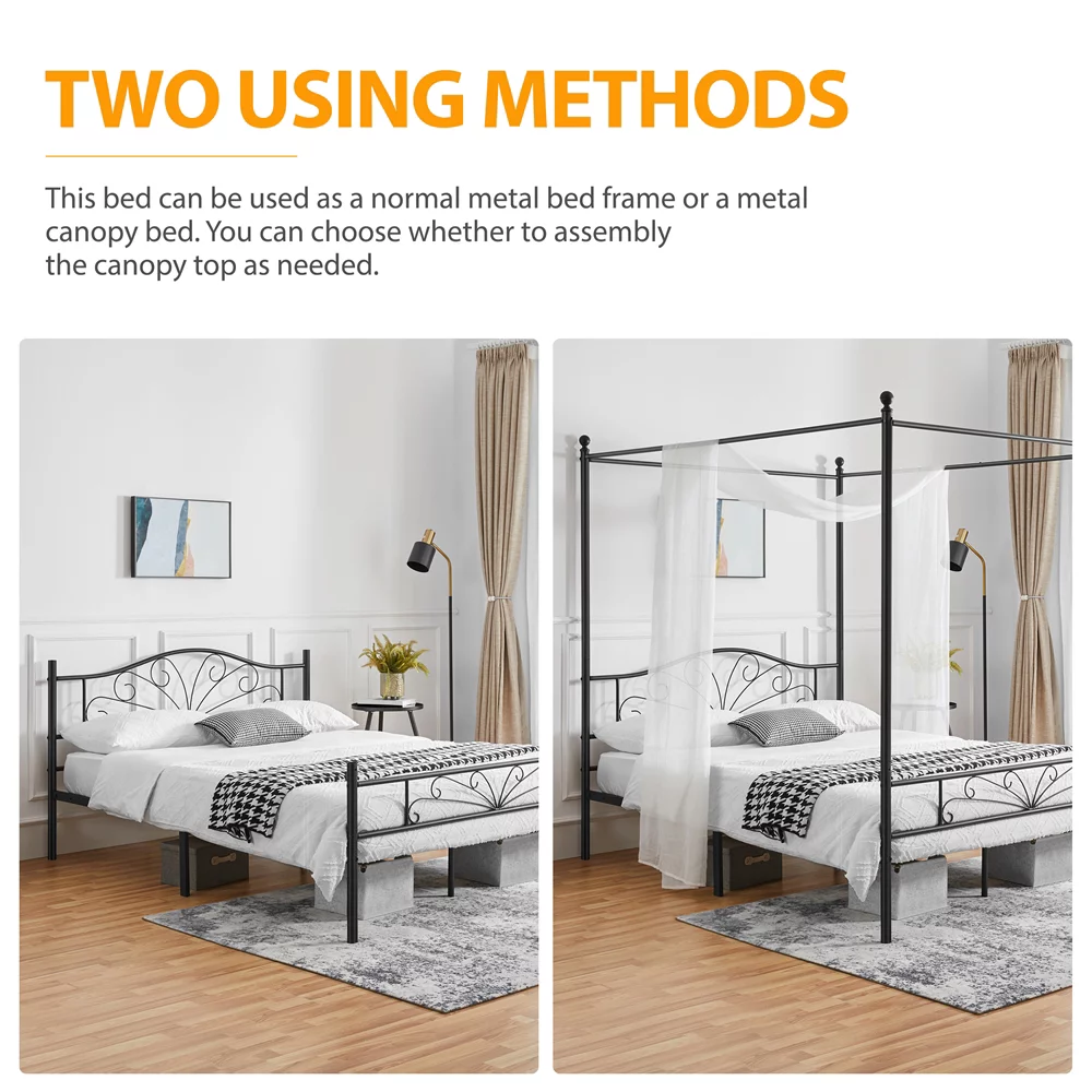 Topeakmart Four-poster Metal Canopy Platform Bed with Arched Headboard and Footboard, Queen Size, Black