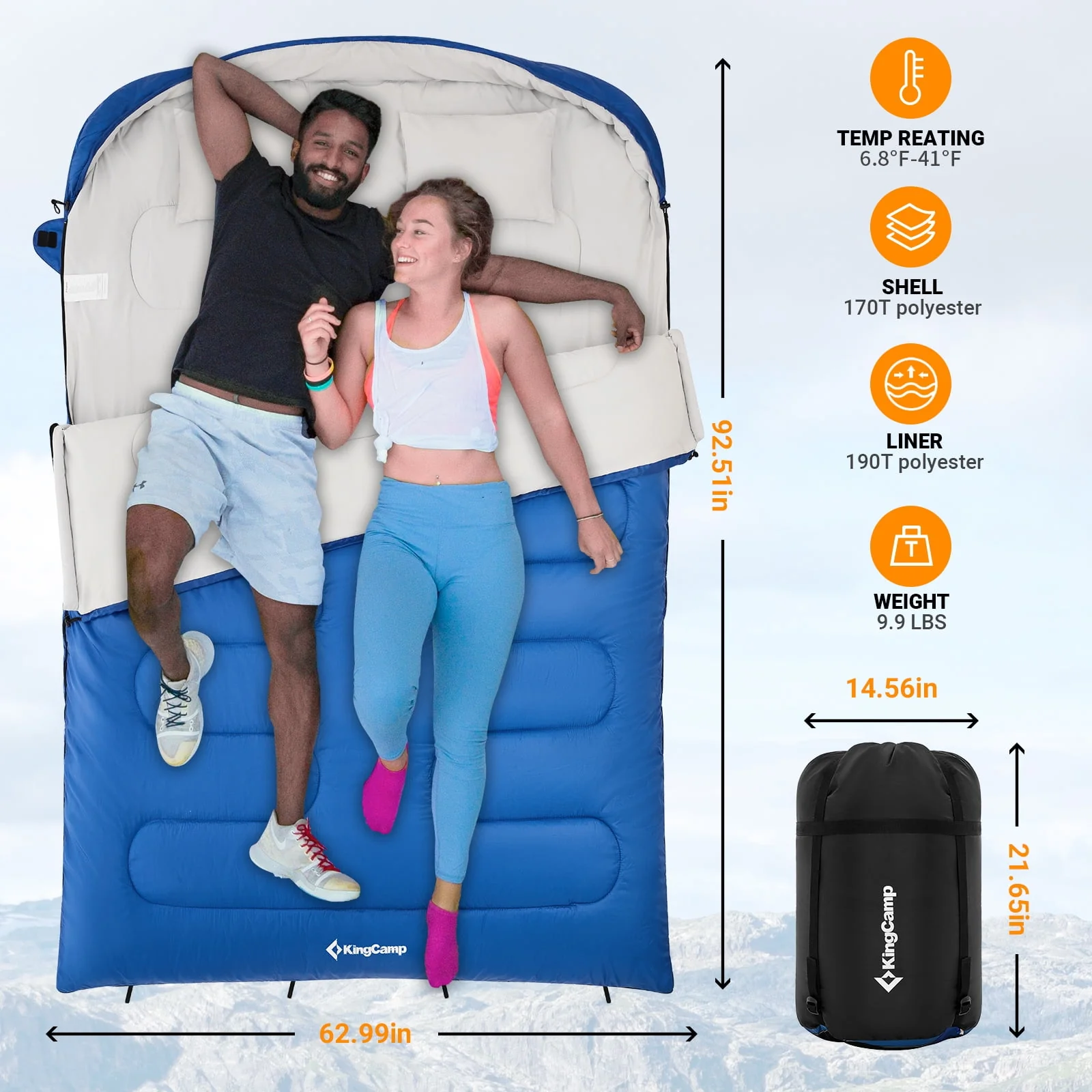 KingCamp Double Sleeping Bag with 2 Pillows for Adult 2 Person 3 Season Camping Sleeping Bag (Blue,6.8℉-41℉)