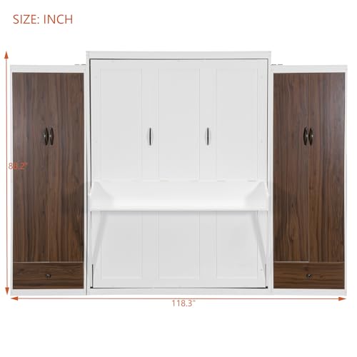 KLMM Wooden Murphy Bed Wall Bed with 2 Wardrobe and Storage Shelf,Foldable Platform Bedframe for Guest-Room Bedroom Study Office Use (White#E, Full)