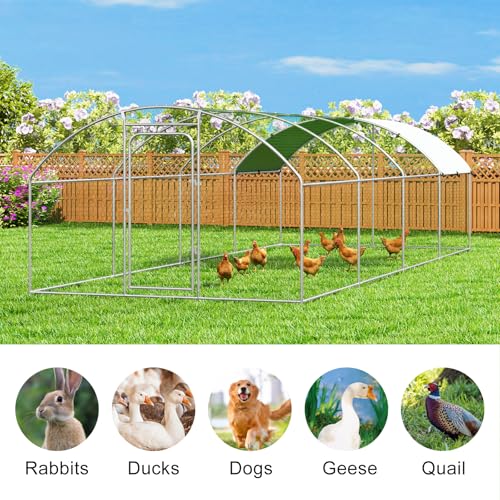 Large Metal Chicken Coop Walk-in Poultry Cage Chicken Run Pen Dog Kennel with Waterproof and Anti-Ultraviolet Cover for Outdoor Farm Use(9.8' L x 19.7' W x 6.4' H)