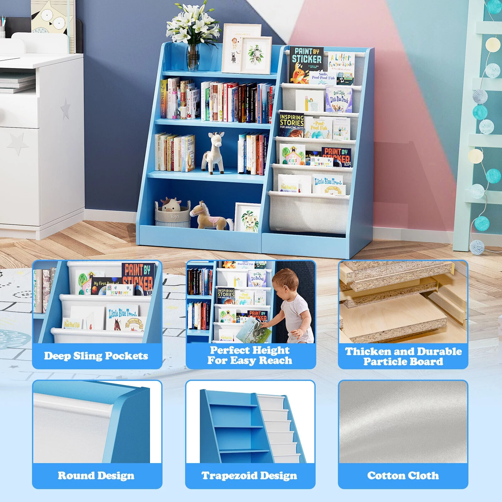 Kids Wooden Bookshelf,5-Layer Sling Bookcase,Storage Display Rack Toy Organizer Cabinet,for Kids Toddlers,Bedroom,Nursery,Blue