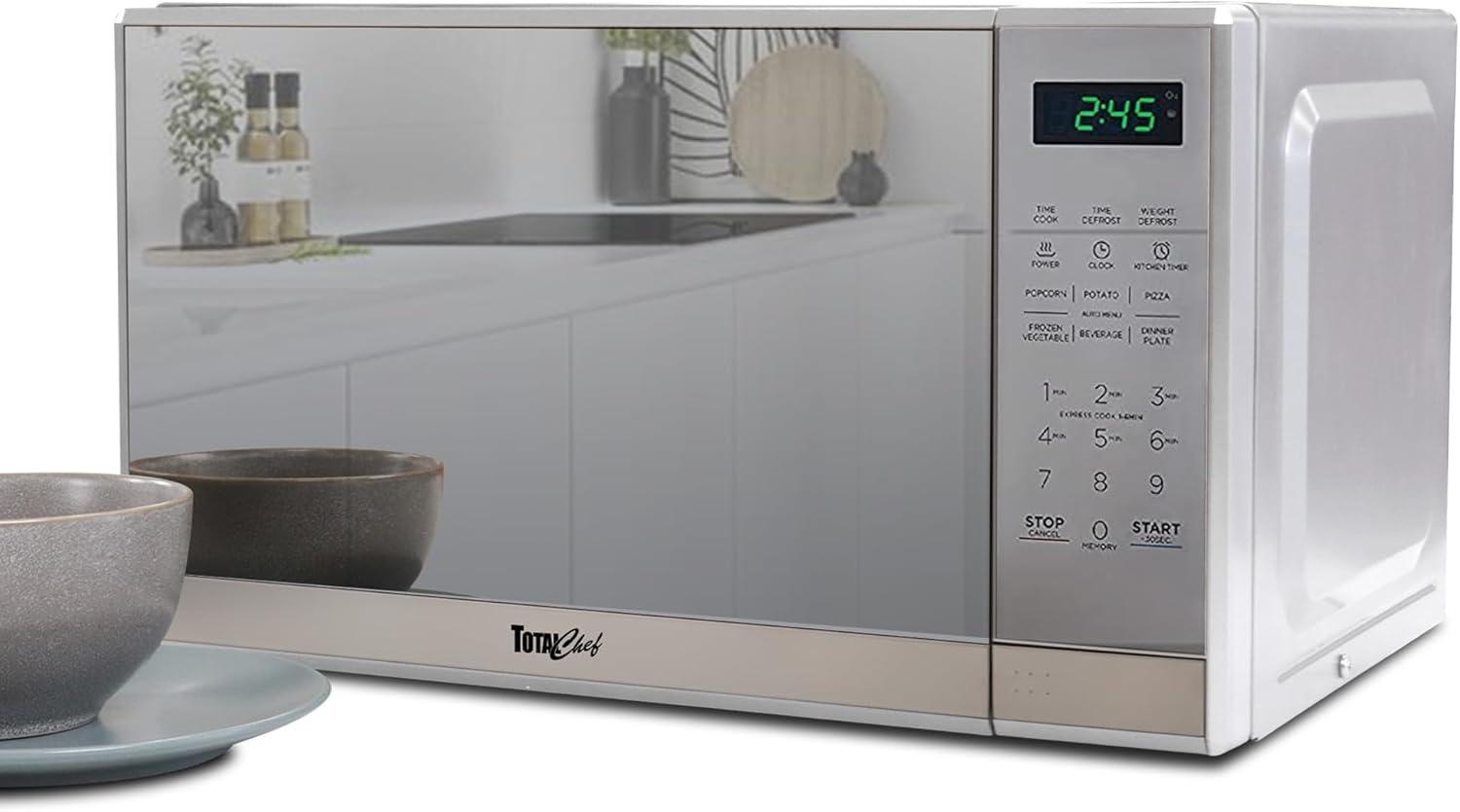Total Chef Compact Countertop Microwave Oven, 700W, 0.7 Cubic Feet Capacity, Digital Touchscreen Controls, One-Touch Push-Button Opening, 6 Pre-Set Cooking Modes, Silver Stainless Steel