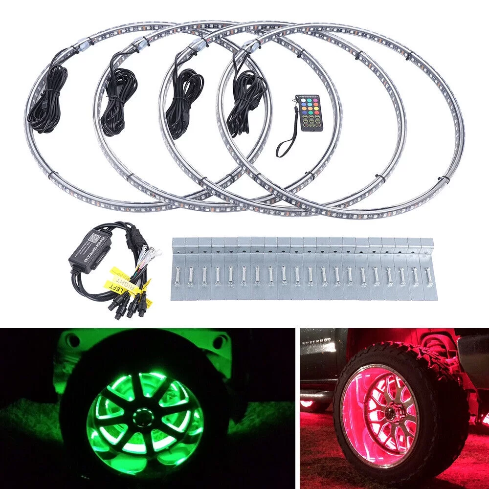 4Pcs 17.5'' Double Row LED Wheel Lights RGB Ring Rim Lamp Fit Car Truck Bluetooth