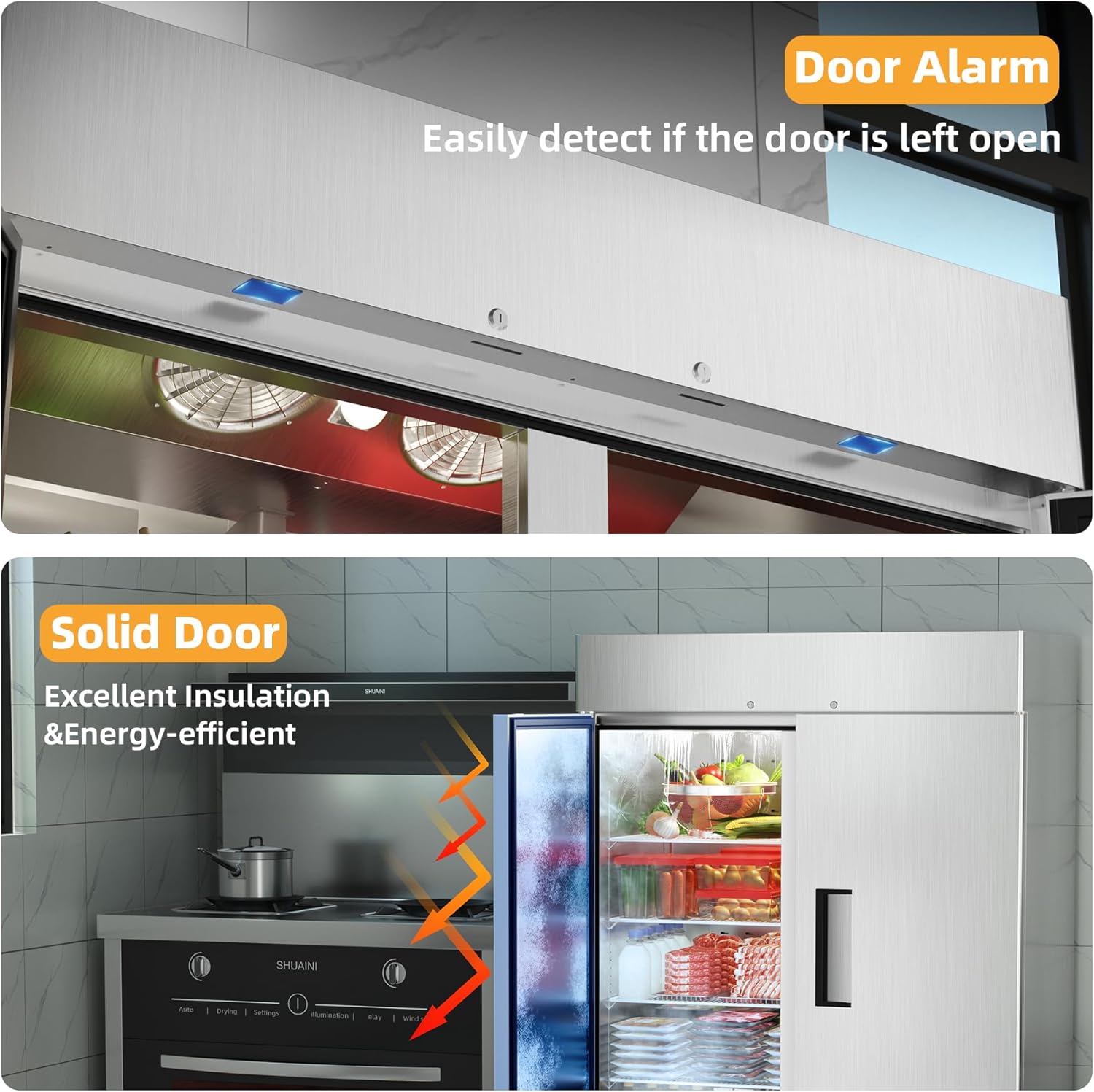 54’’ Commercial Freezer with 2 Door, Stainless Steel Reach-in Freezer Upright with 49 Cu.Ft/8 Shelves, Two Section Fan Cooling Freezers for Restaurant Garage ETL NSF Approved