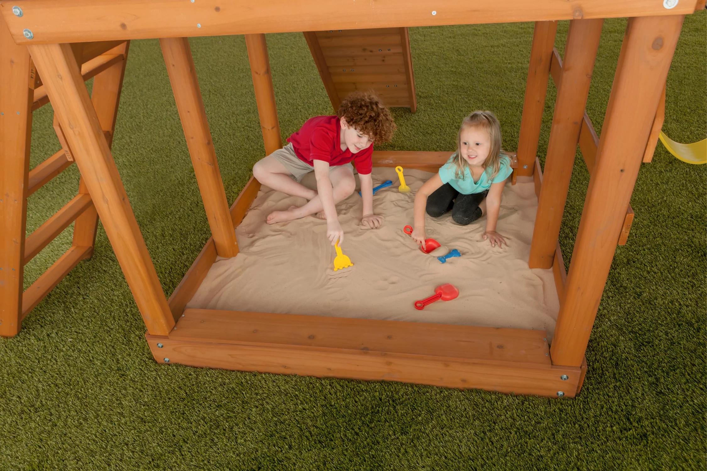 Creative Cedar Designs Timber Valley Wooden Playset with Wooden Roof, Glider Swing, Sandbox, Climbing Wall, Ladder, Slide & Belt Swings