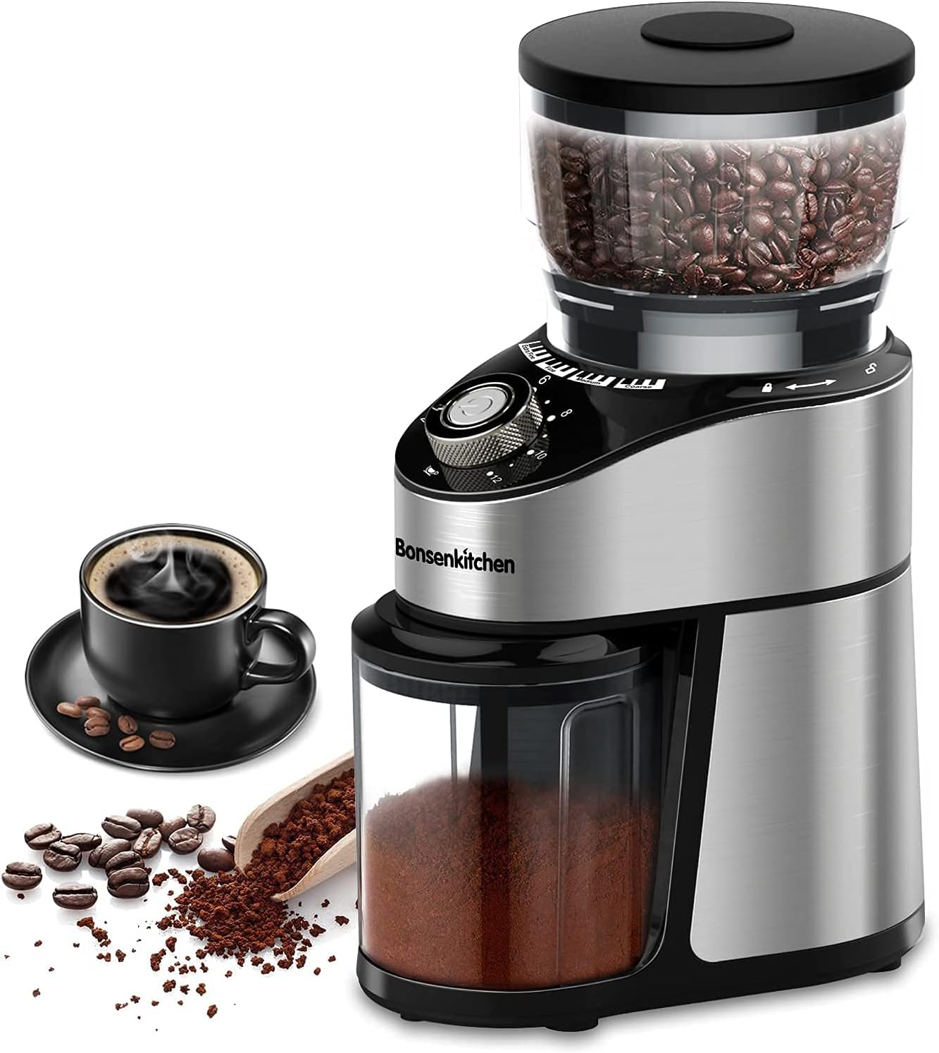 Electric Burr Coffee Grinder, Automatic Conical Burr Mill Coffee Bean Grinder with 12 Precise Grind Settings and Cup Selection, Large Capacity, Stainless Steel