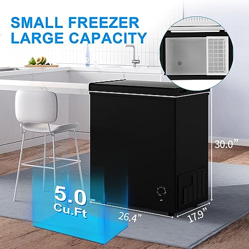5.0 Cu.Ft Deep Freezer, Chest Freezer with 7 Level Adjustable Temperature, Freestanding Mini Freezer with Removable Storage Basket, Small Freezer Chest with Top Door, Energy Saving, Low Noise