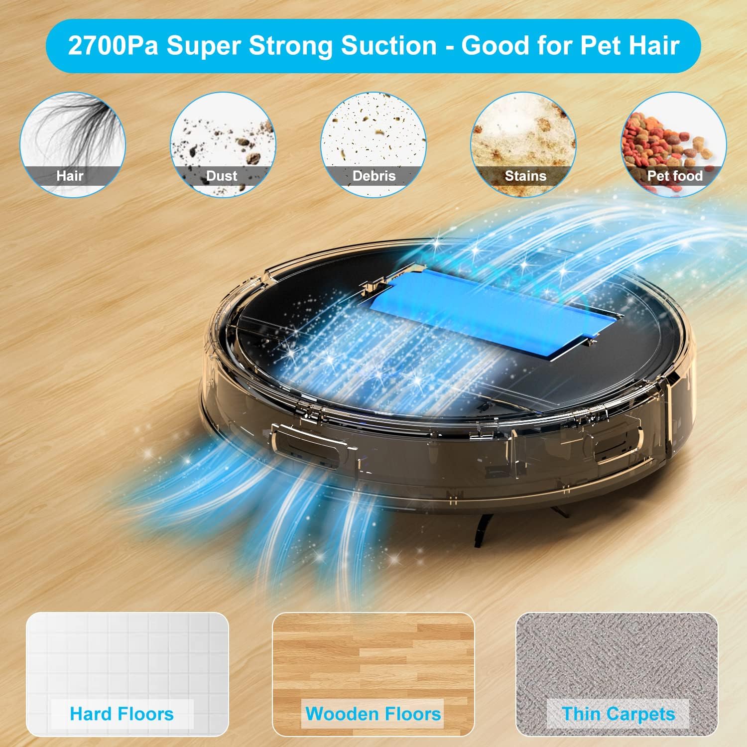 Tikom Robot Vacuum Cleaner, 2700Pa Robotic Vacuums with Self-Charging, Good for Pet Hair, Carpets, Hard Floors, Black