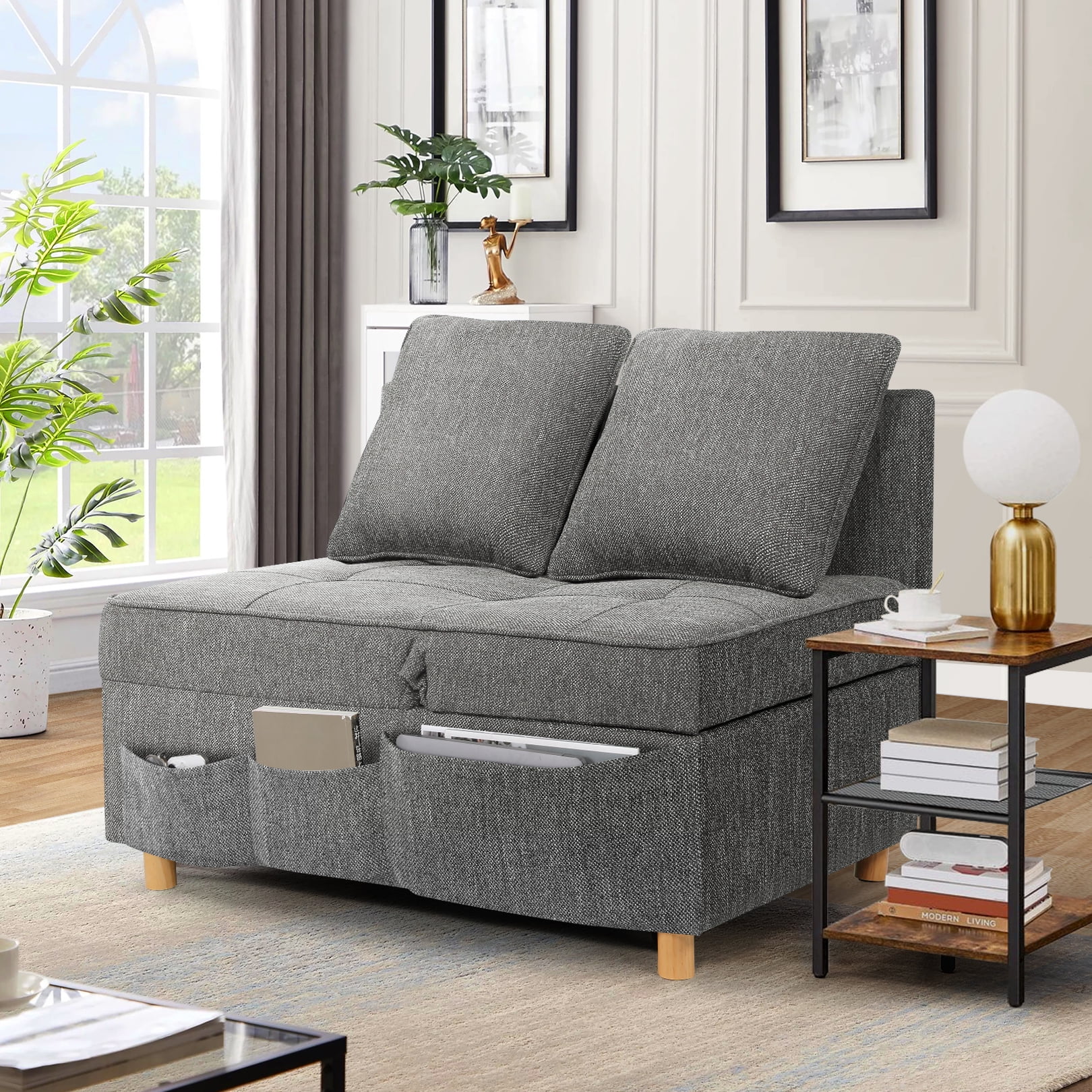 SEJOV Linen Sofa Beds Chair, 4 in 1 Convertible Chair Sleeper Bed with 5 Adjustable Backrest and 2 Pillows, Dark Gray