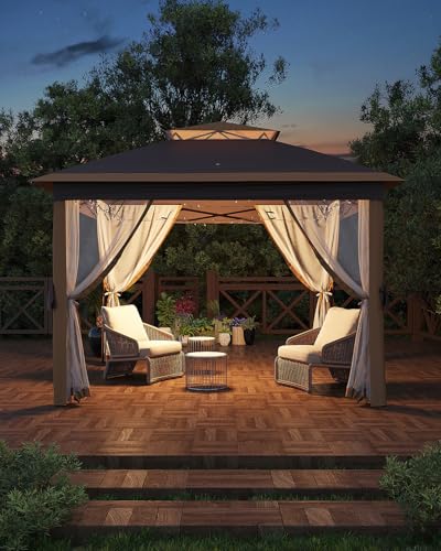 11x11 Pop Up Gazebo Tent with Mosquito Netting, Outdoor Canopy Shelter Easy Setup, Water & UV Resistant - Khaki
