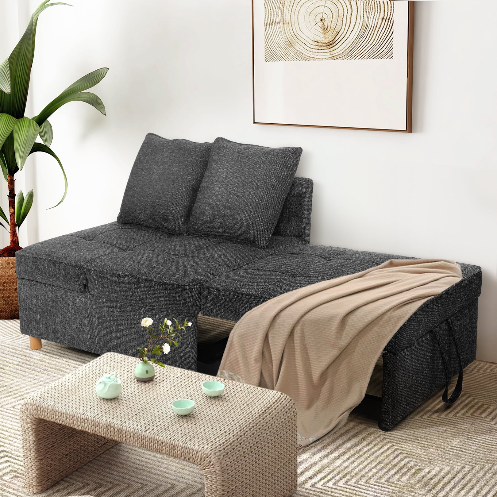 Linen Sofa Beds Chair, 4 in 1 Convertible Chair Sleeper Bed with 5 Adjustable Backrest and 2 Pillows, Black