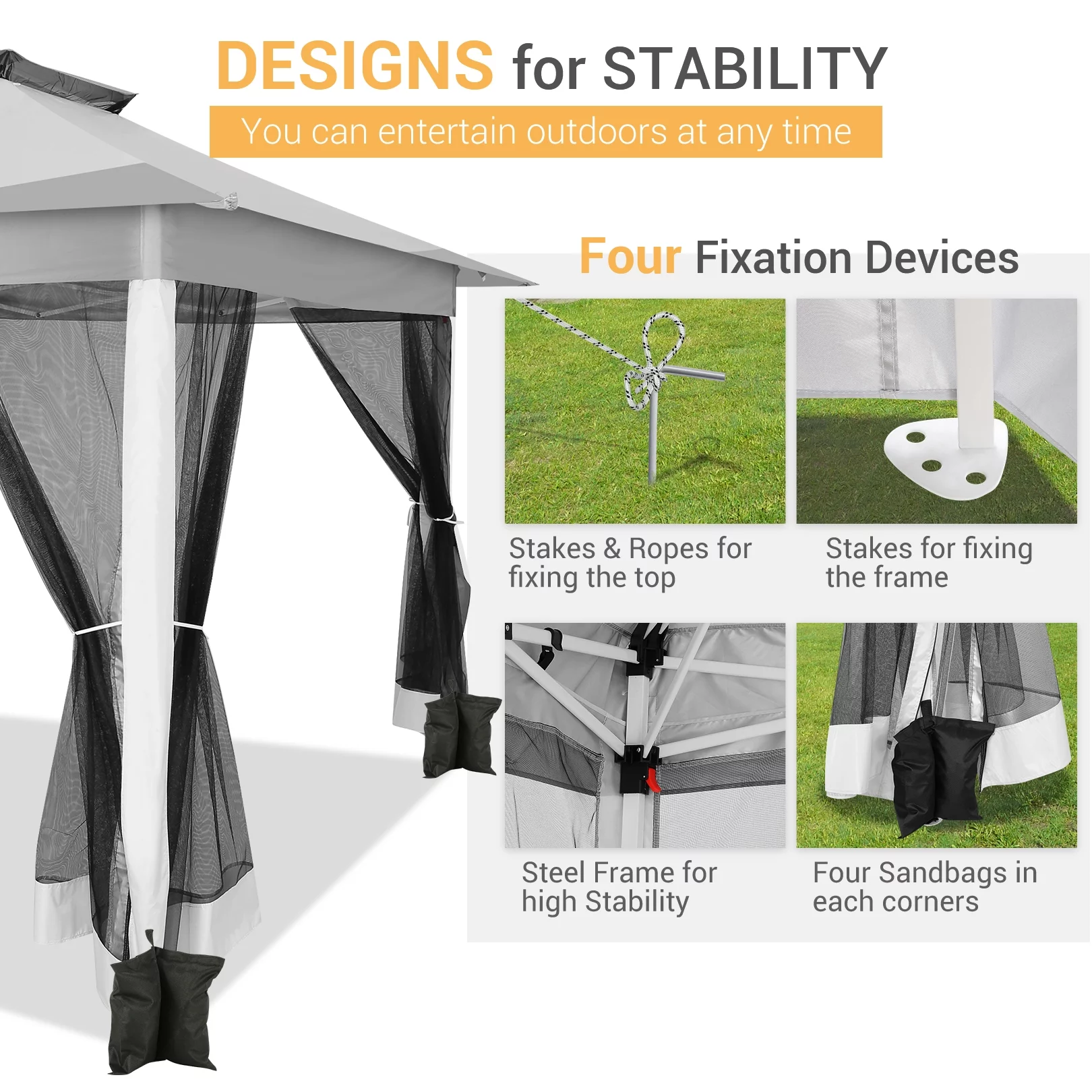 SANOPY 12x12FT Outdoor Gazebo Pop Up Gazebo with Mosquito Netting, Instant Patio Canopy Tent for Shade and Rain, 2 Tiered Vente Gazebo Canopy UPF 50+ for Garden Backyard with Carry Bag&4 Sandbags