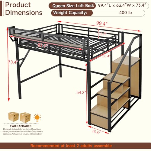 Full Size Loft Bed with Stairs and Storage, Metal Loft Bed Frame with Bedside Shelf and Large Under-Bed Space, Heavy-Duty Bed for Adults Teens and Kids, Black