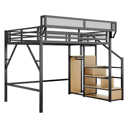 Full Size Loft Bed with Stairs and Storage, Metal Loft Bed Frame with Bedside Shelf and Large Under-Bed Space, Heavy-Duty Bed for Adults Teens and Kids, Black