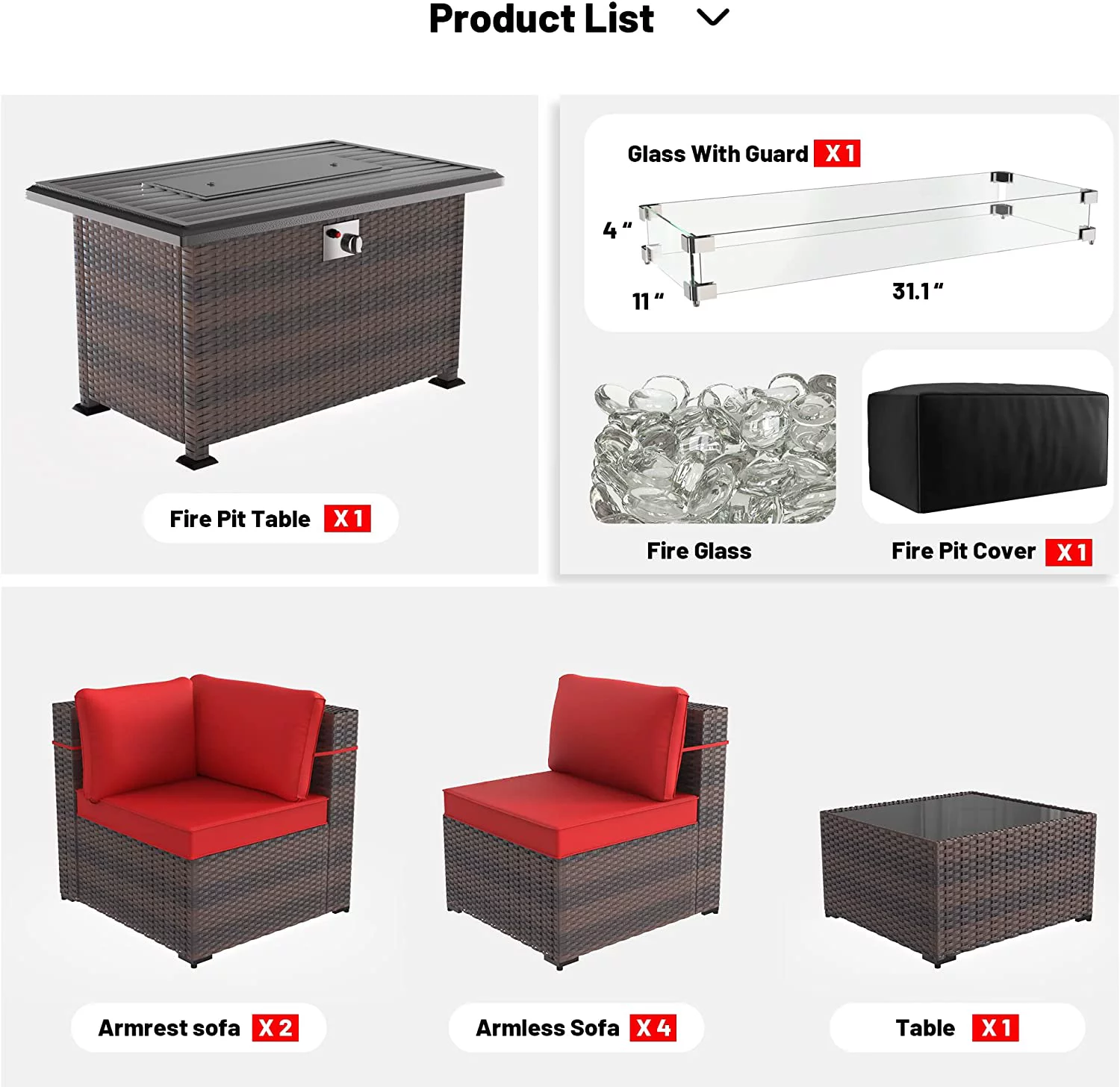 ALAULM 8 Pieces Outdoor Furniture Set with 43" Gas Propane Fire Pit Table PE Wicker Rattan Sectional Sofa Patio Conversation Sets,Red
