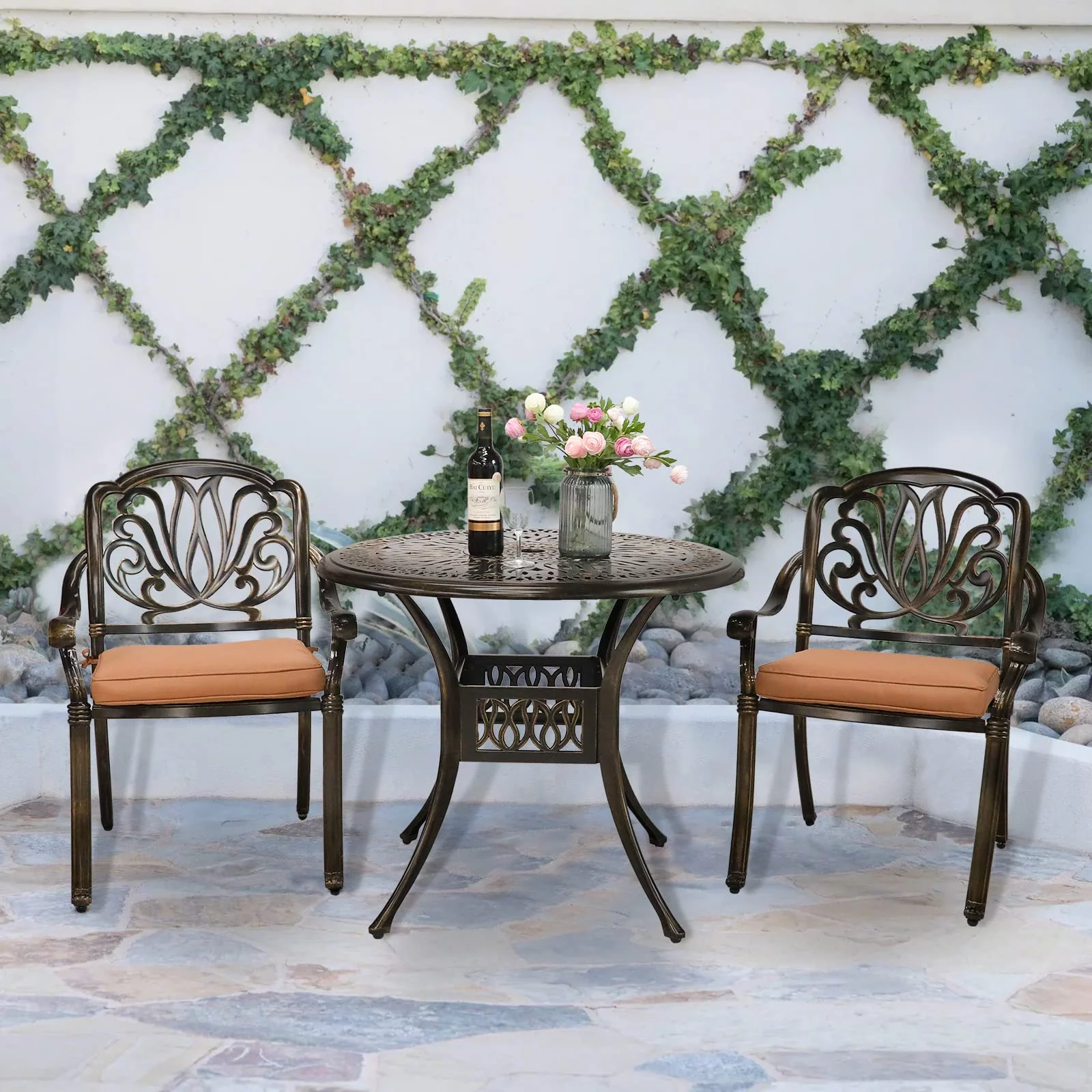 VIVIJASON 3-Piece Patio Bistro Sets, All-Weather Cast Aluminum Bistro Table Set Outdoor Patio Furniture, Include 2 Cushioned Chairs and 35.4" Round Table, 2" Umbrella Hole - Curated Treasures Market