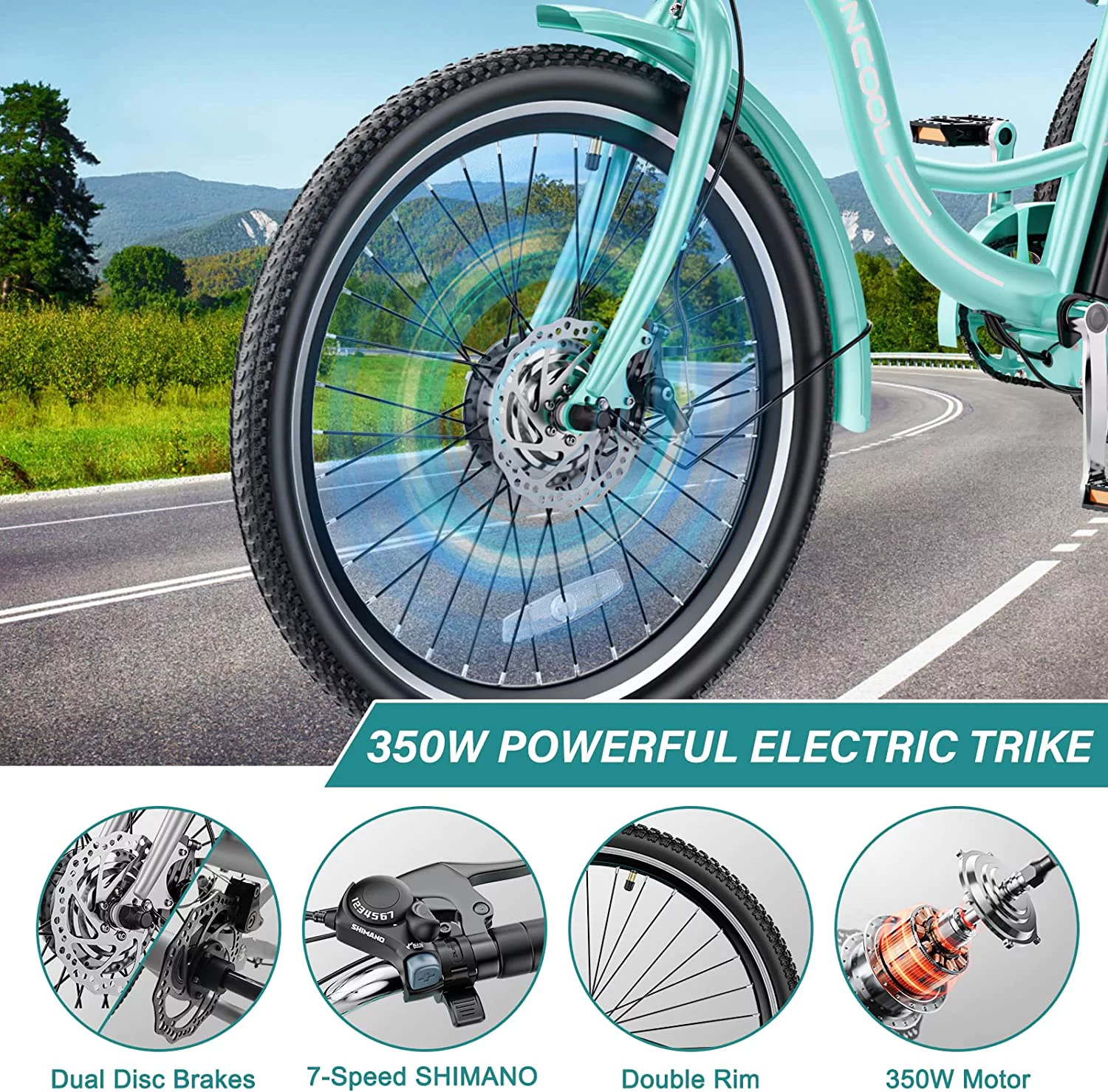MOONCOOL 26" 7 Speed Electric Tricycle, 350W 36V 14.5Ah 350W 15MPH Lithium Battery UL Certified, 3 Wheel Electric Bicycle for Adults