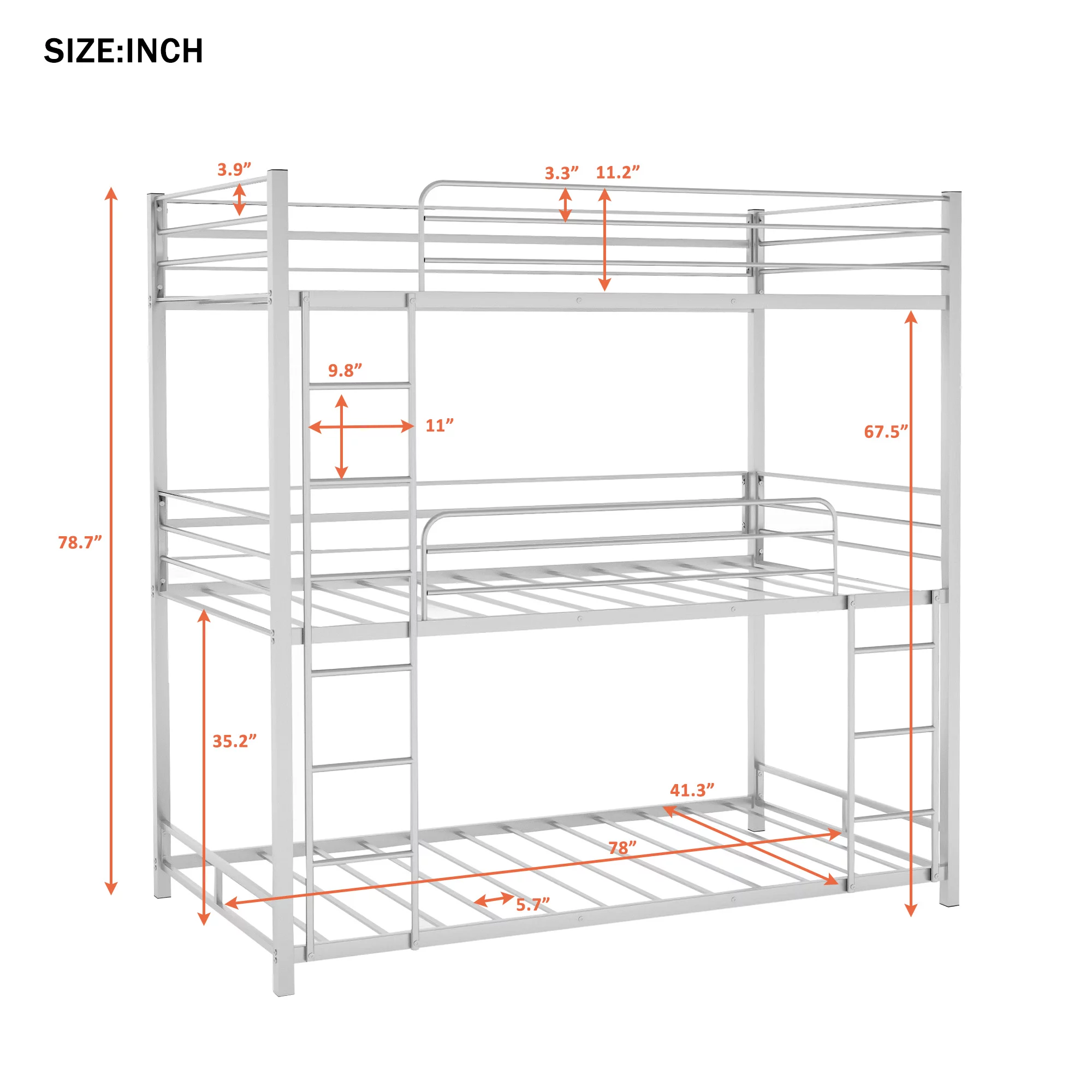 CHURANTY Metal Triple Bunk Bed Twin Over Twin Bunk Bed with Ladder and Safety Guardrail 3 Bunk Bed for Living Room Bedroom, Sliver