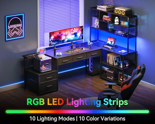 AODK 71 inch L Shaped Desk with File Drawers, Reversible L Shaped Gaming Desk with Power Outlets & LED Lights, Computer Desk with Storage Shelves for Home Office, Black