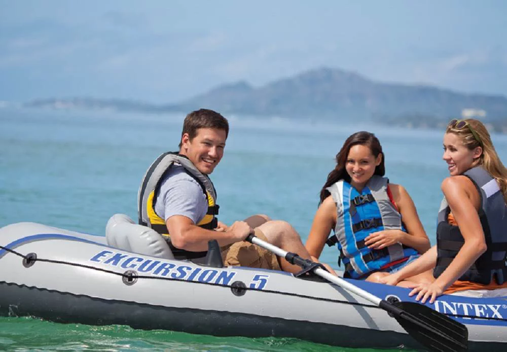 Intex Excursion 5 Inflatable Boat Set & 2 Transom Mount 8 Speed Trolling Motors
