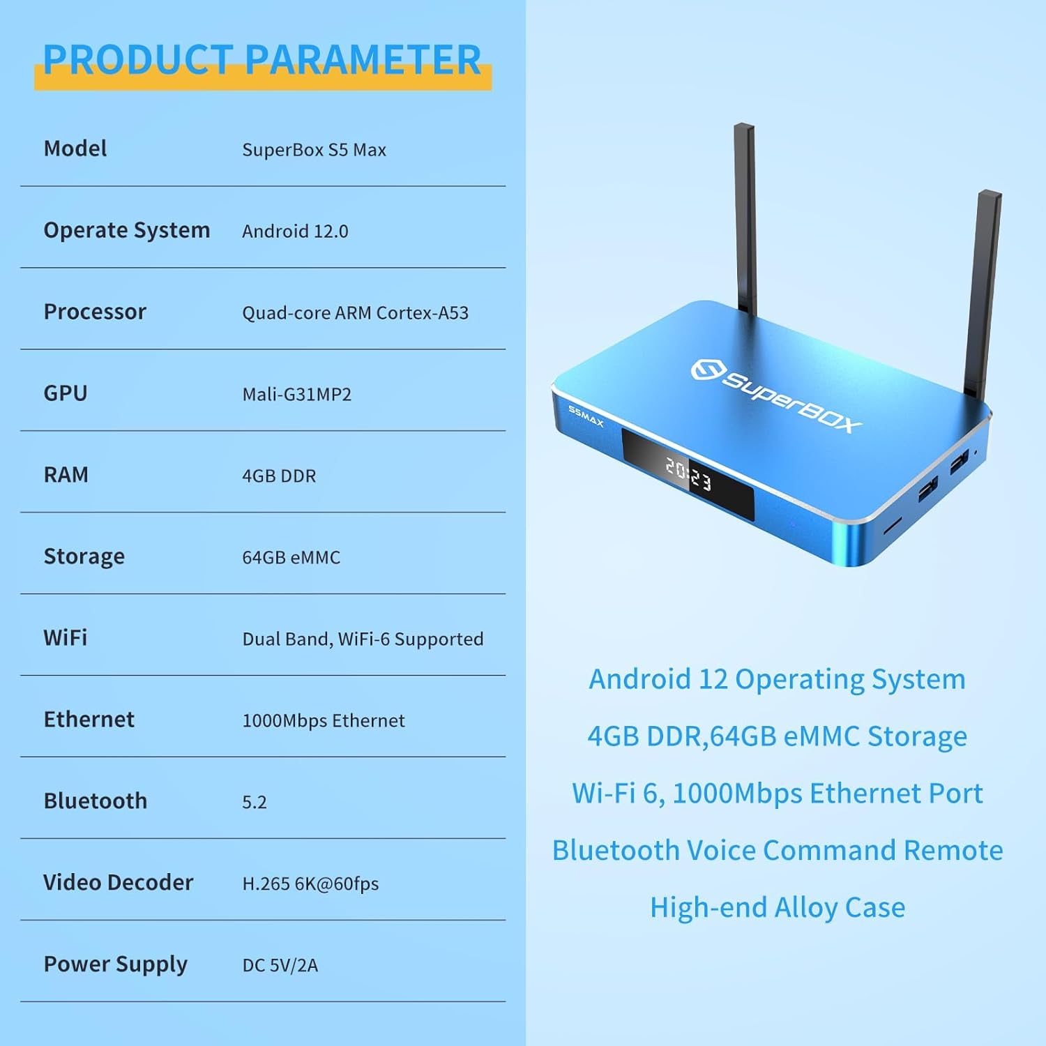 Latest MAX-S5 Super Smart Android Box with Voice 4G RAM 64G ROM Box + Voice Remote + 1* Mini Keyboard +1* Hard Drive 64G H168 Quad Core ARM Processor