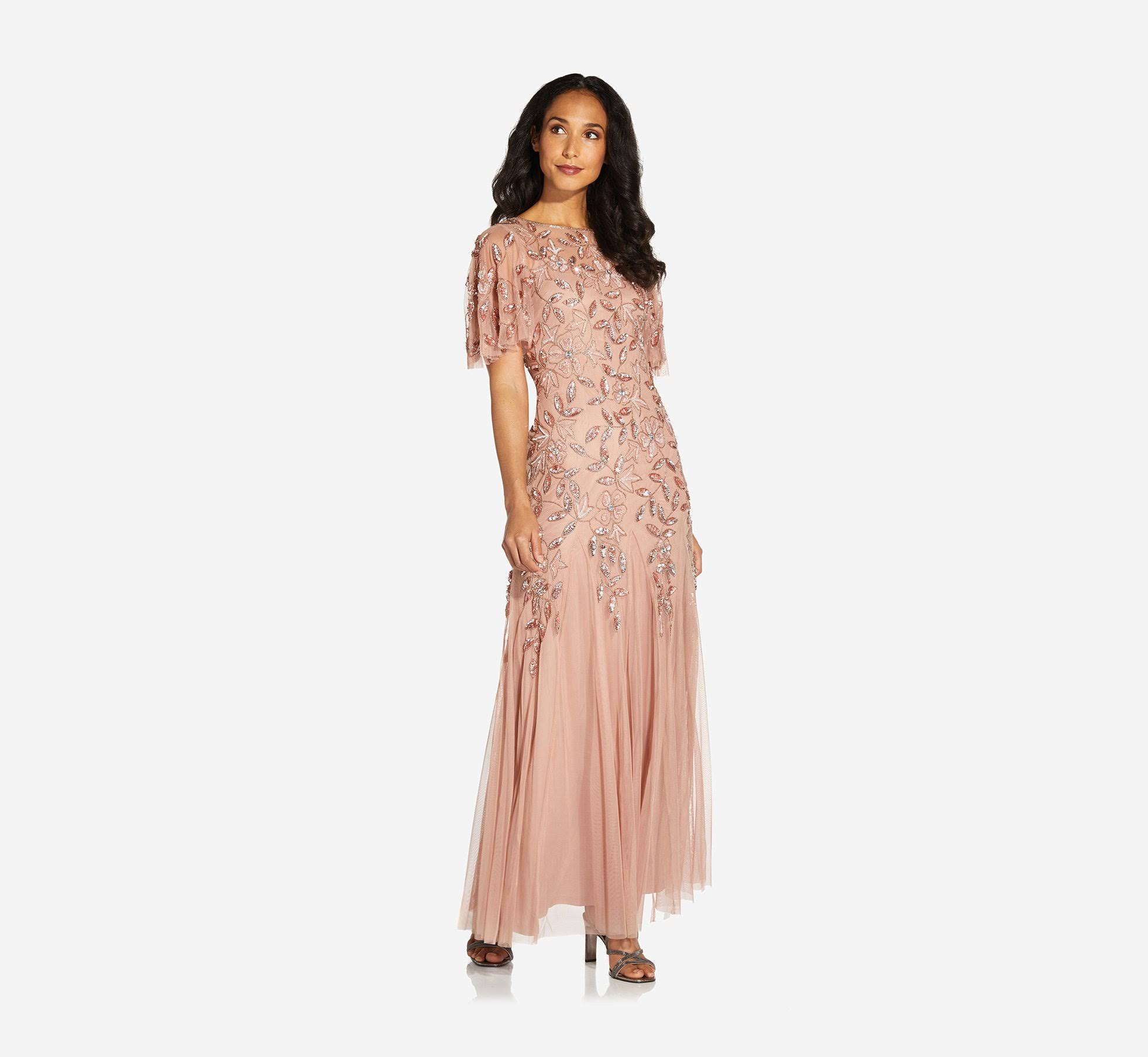 Adrianna Papell Long Floral Beaded Gown with Flutter Sleeves, Rose Gold, Size: 10