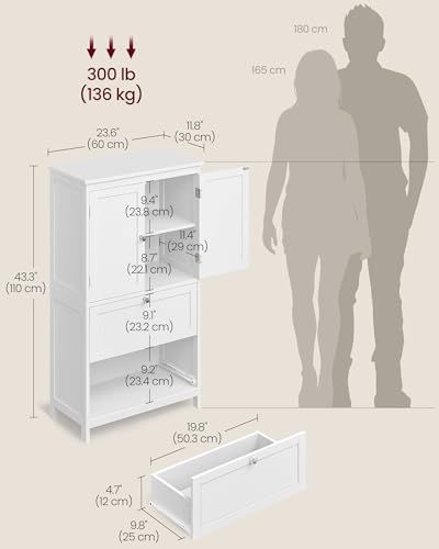 VASAGLE Bathroom Floor Storage Cabinet, Bathroom Storage Unit, Freestanding Cabinet with 4 Doors, Adjustable Shelves, 11.8 x 23.6 x 43.3 Inches, Forest Green UBBC552C01