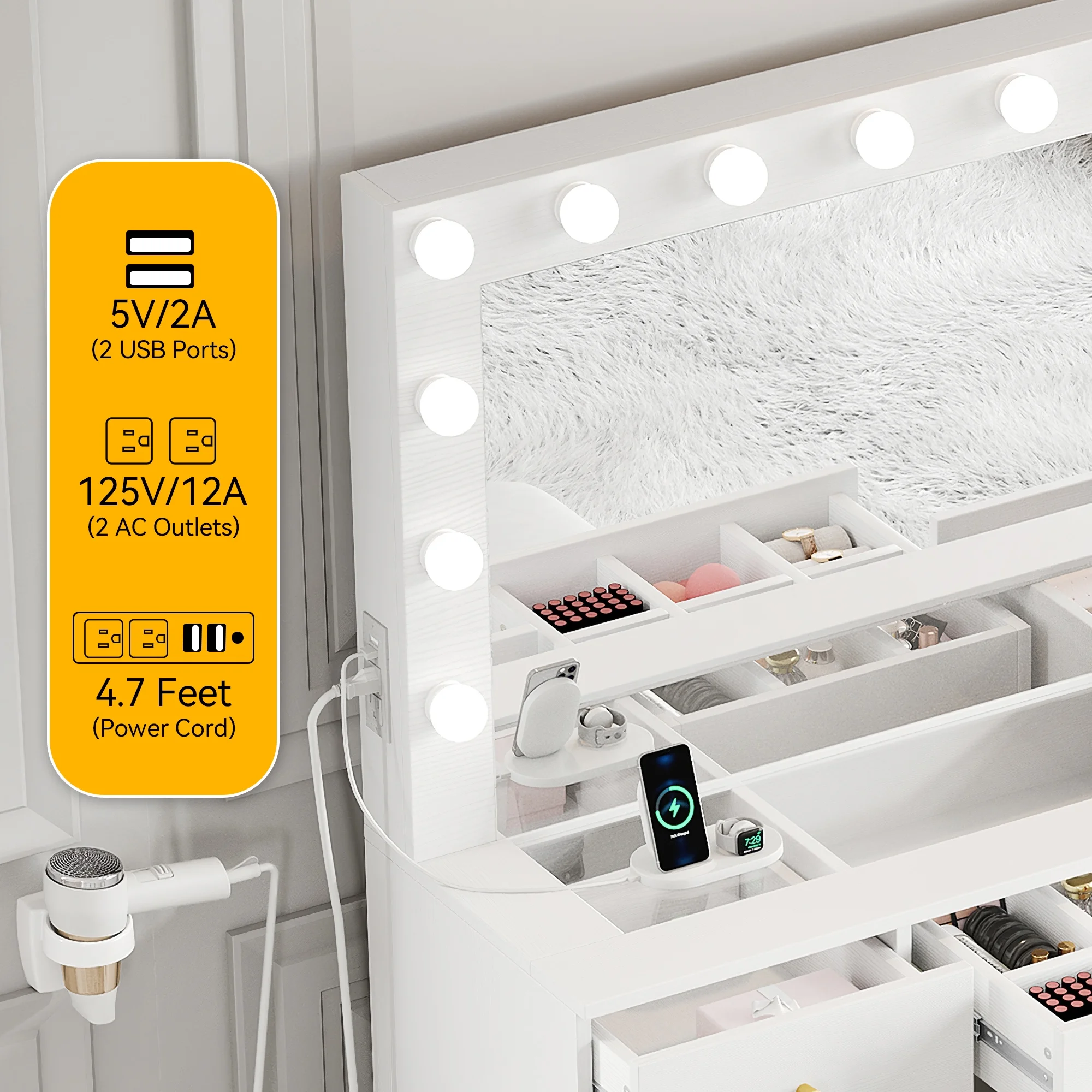 DWVO Vanity Table Set with 3 Color Lighted Mirror & Charging Station & Stool, Modern Makeup Vanity Dressing Table with 9 Drawers for Bedroom, Gold and White Vanity Desk for Women Girls