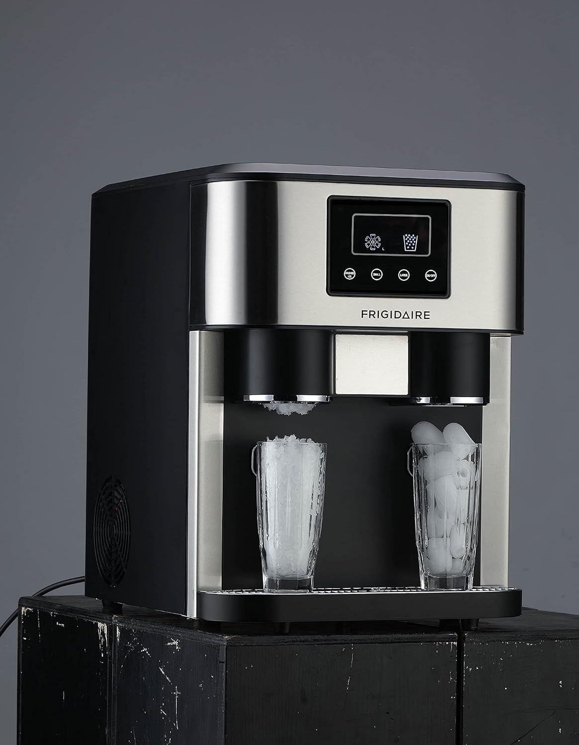 Frigidaire EFIC245-SS 3-in-1 Countertop Crushed Style Ice Crusher and Cube Maker, Makes 33 Pounds in 24 Hours, 2 Sizes, with Water Dispenser, Stainless Steel
