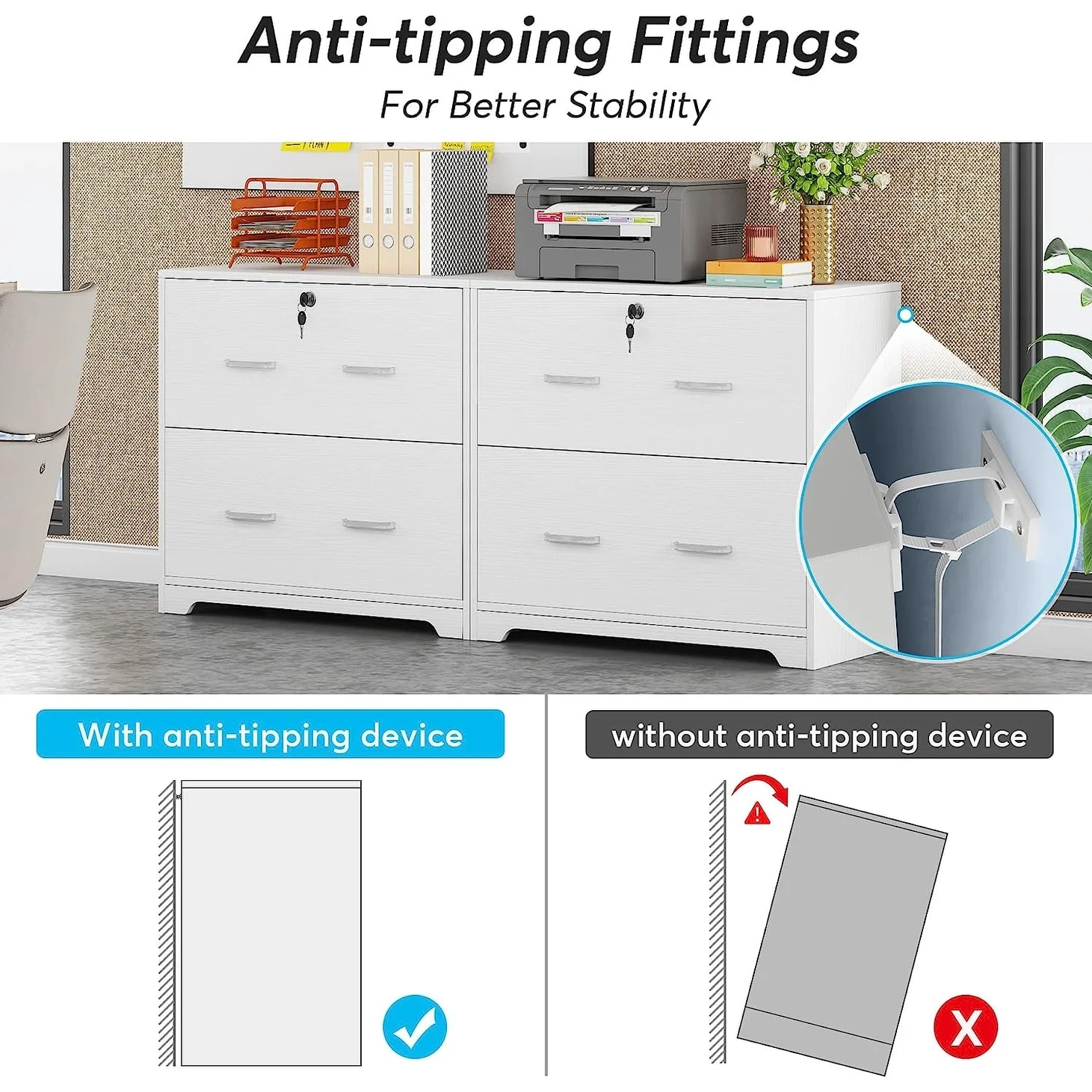 2-Drawer Lateral File Cabinet with Lock, Large Wood Filing Cabinet White