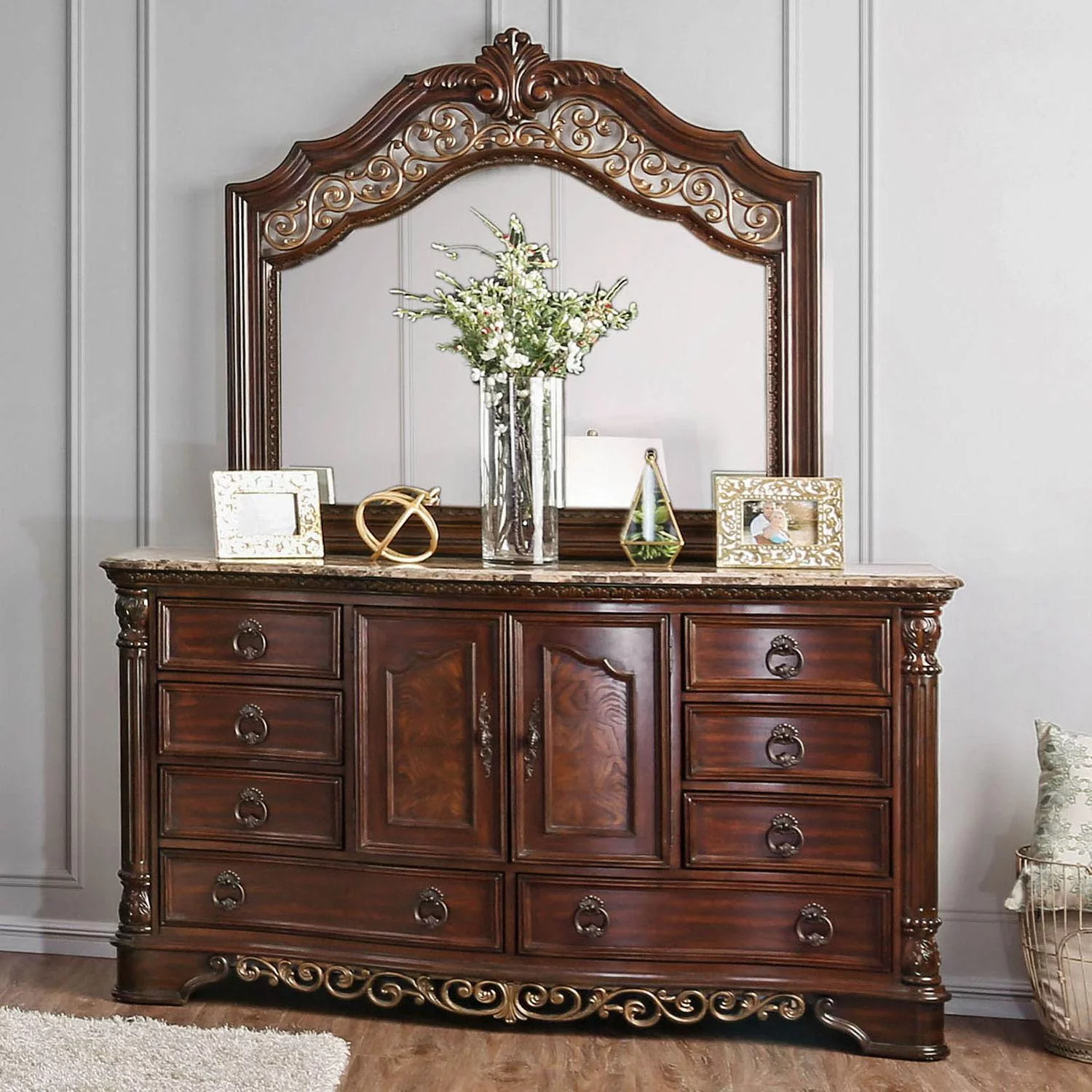 Transitional Brown Cherry Solid Wood Queen Bedroom Set 3pcs FOA CM7311 Menodora