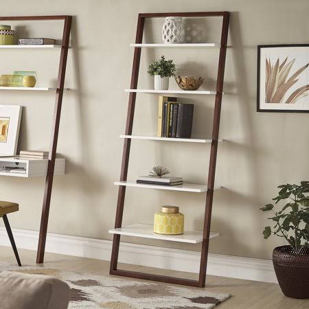 Weston Home Oliver Two-Tone Leaning Ladder Bookcase, Espresso and White Finish