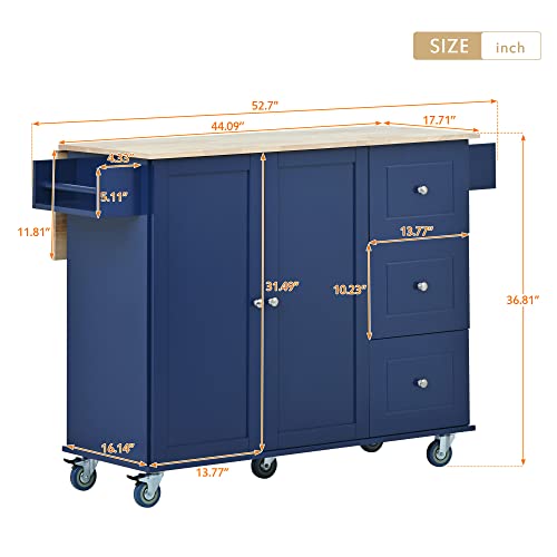 Proaxil Kitchen Island with Drop Leaf, Island Table with Wood Top Butcher Block Countertop on Wheels Microwave Stand with Storage Cabinet with Drawers Modern Rolling Cart (52.7 Inch Width)